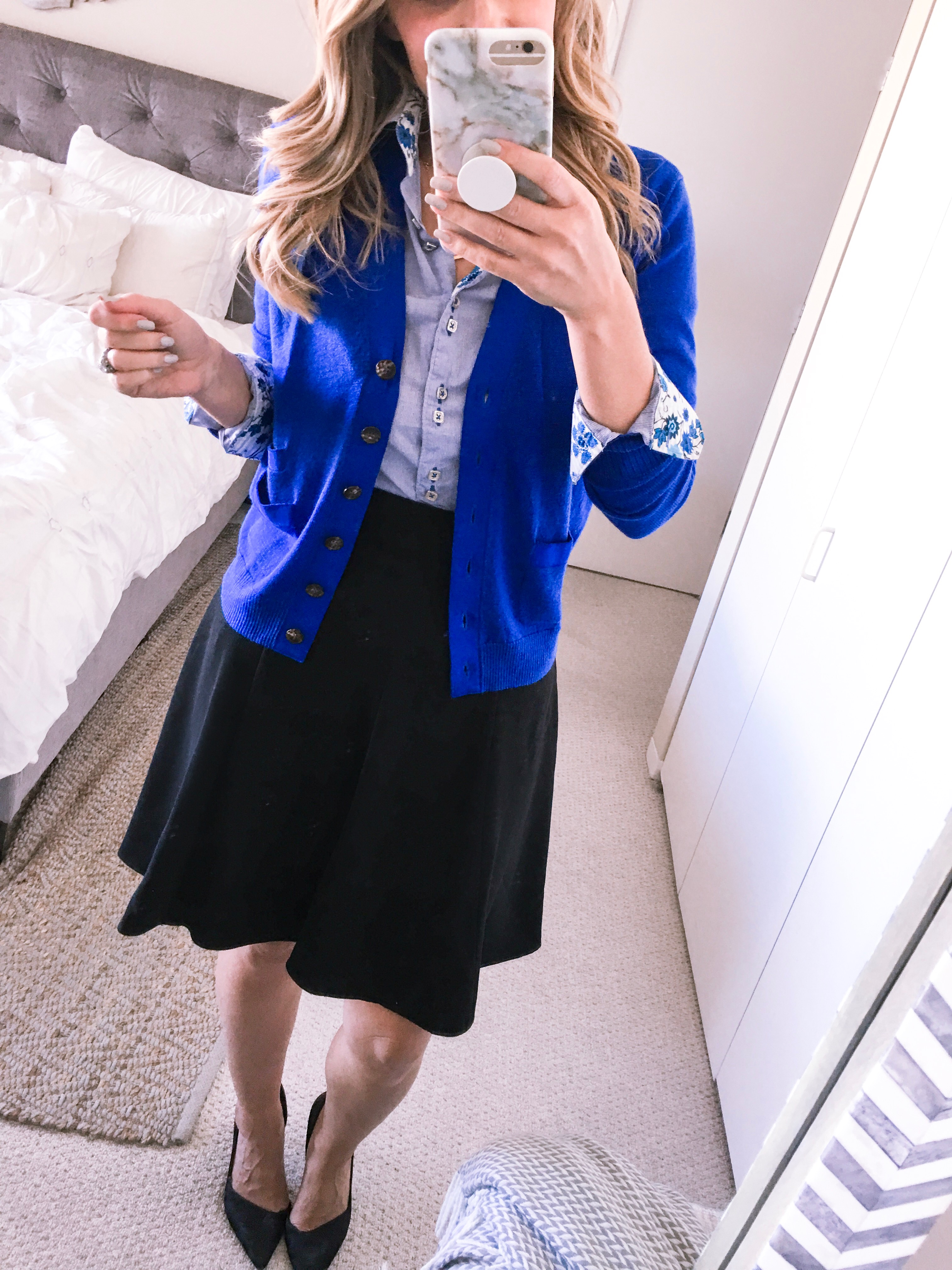 J.crew blue cardigan, blue Jared Lang button down, and black CeCe A-Line Skirt for the office