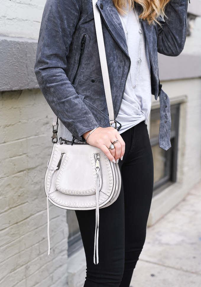 rebecca minkoff grey stitched leather saddle bag