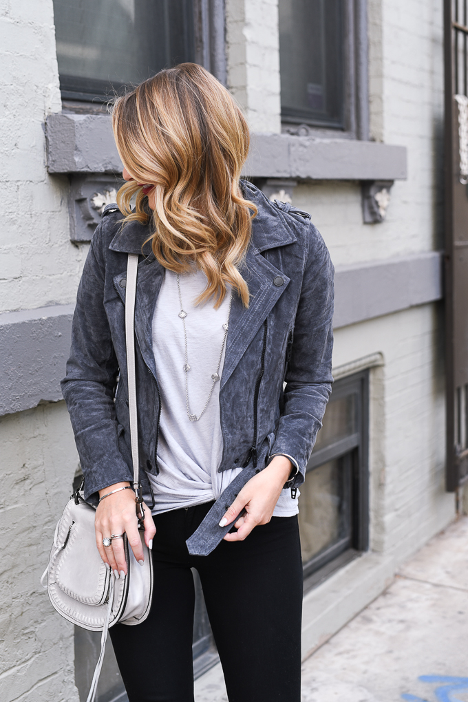 Grey suede jacket and booties for fall