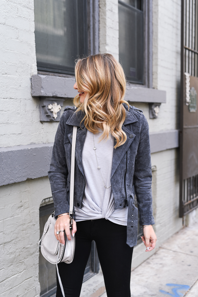 Grey suede jacket and booties for fall