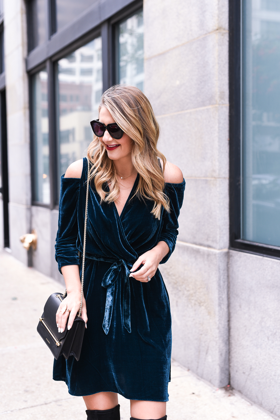 jewel toned green velvet cold shoulder dress