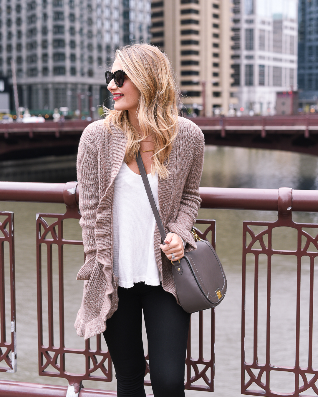 ruffled brown cardigan for fall outfit ideas