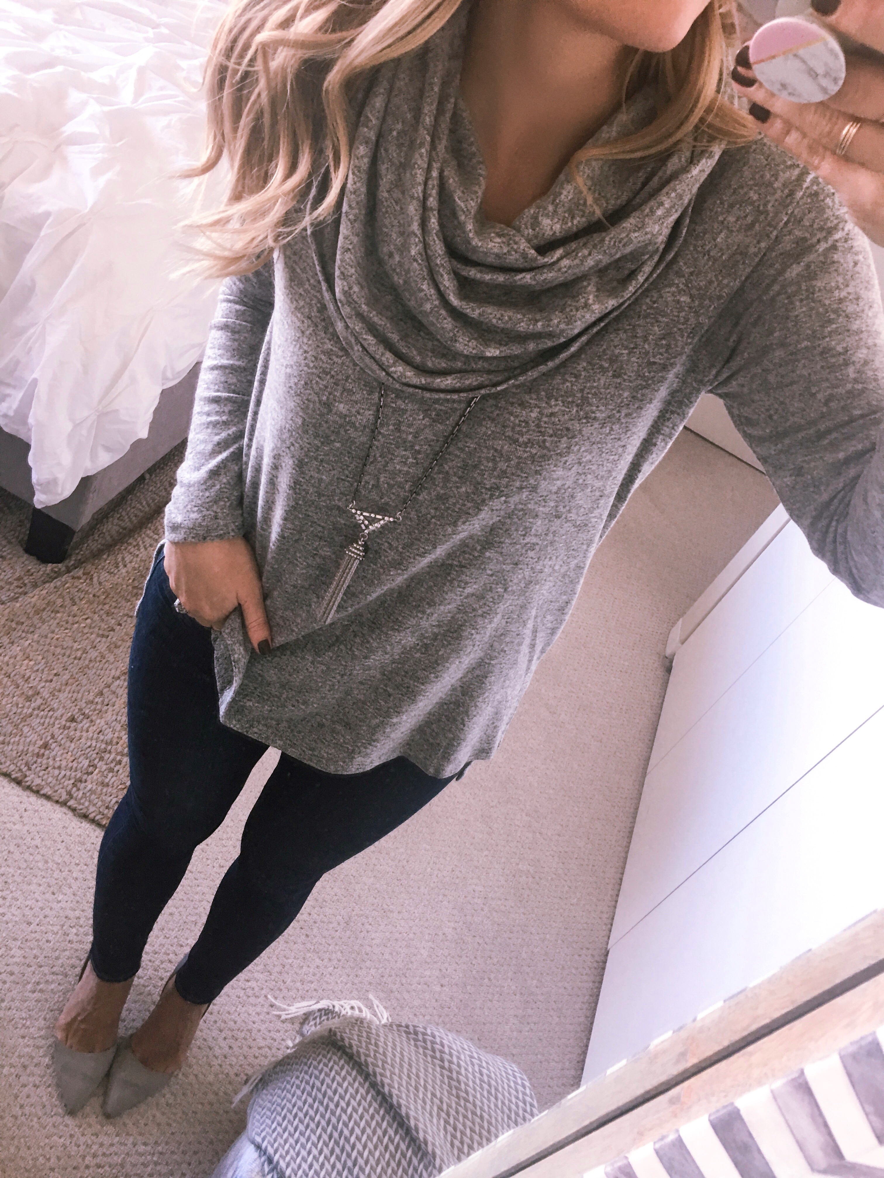 grey cowl neck knit top