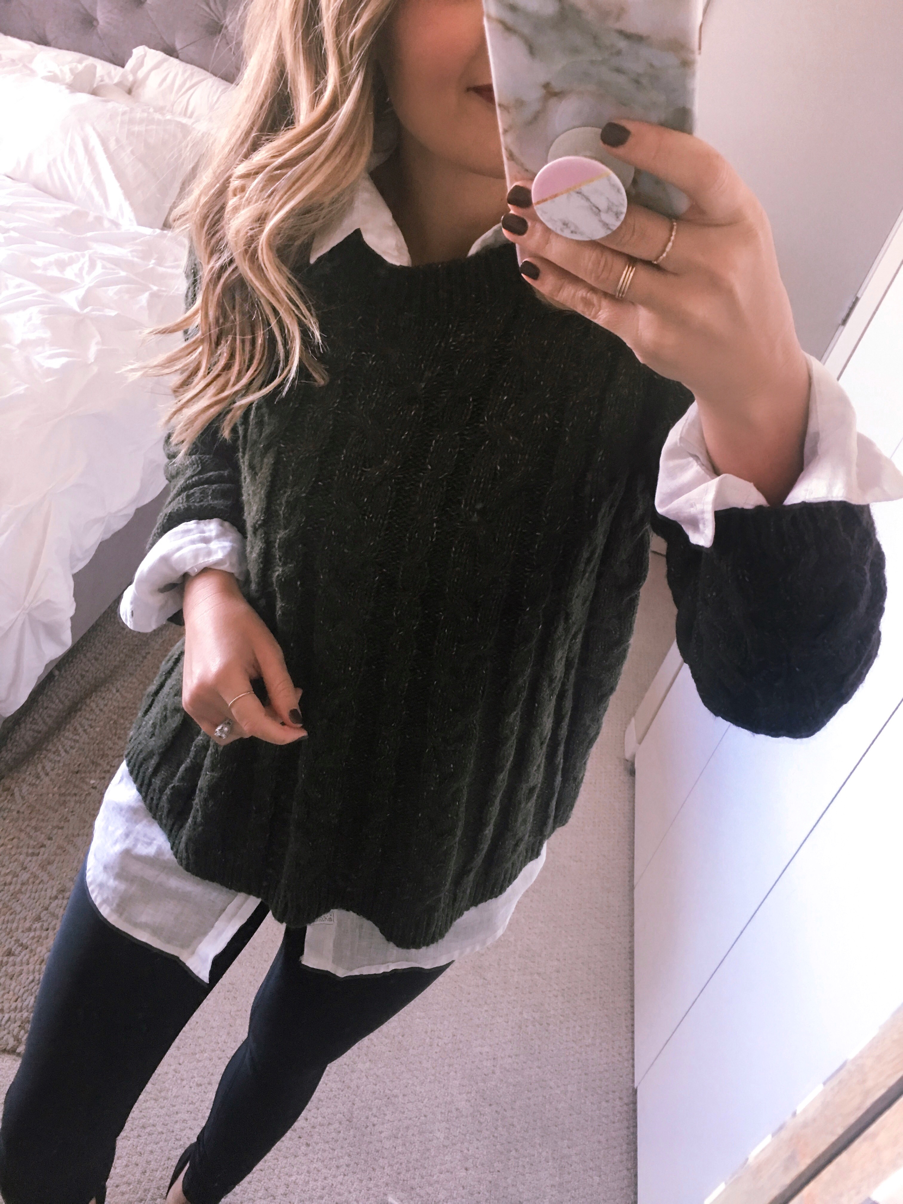 dark green trapeze cable knit sweater with a white button down