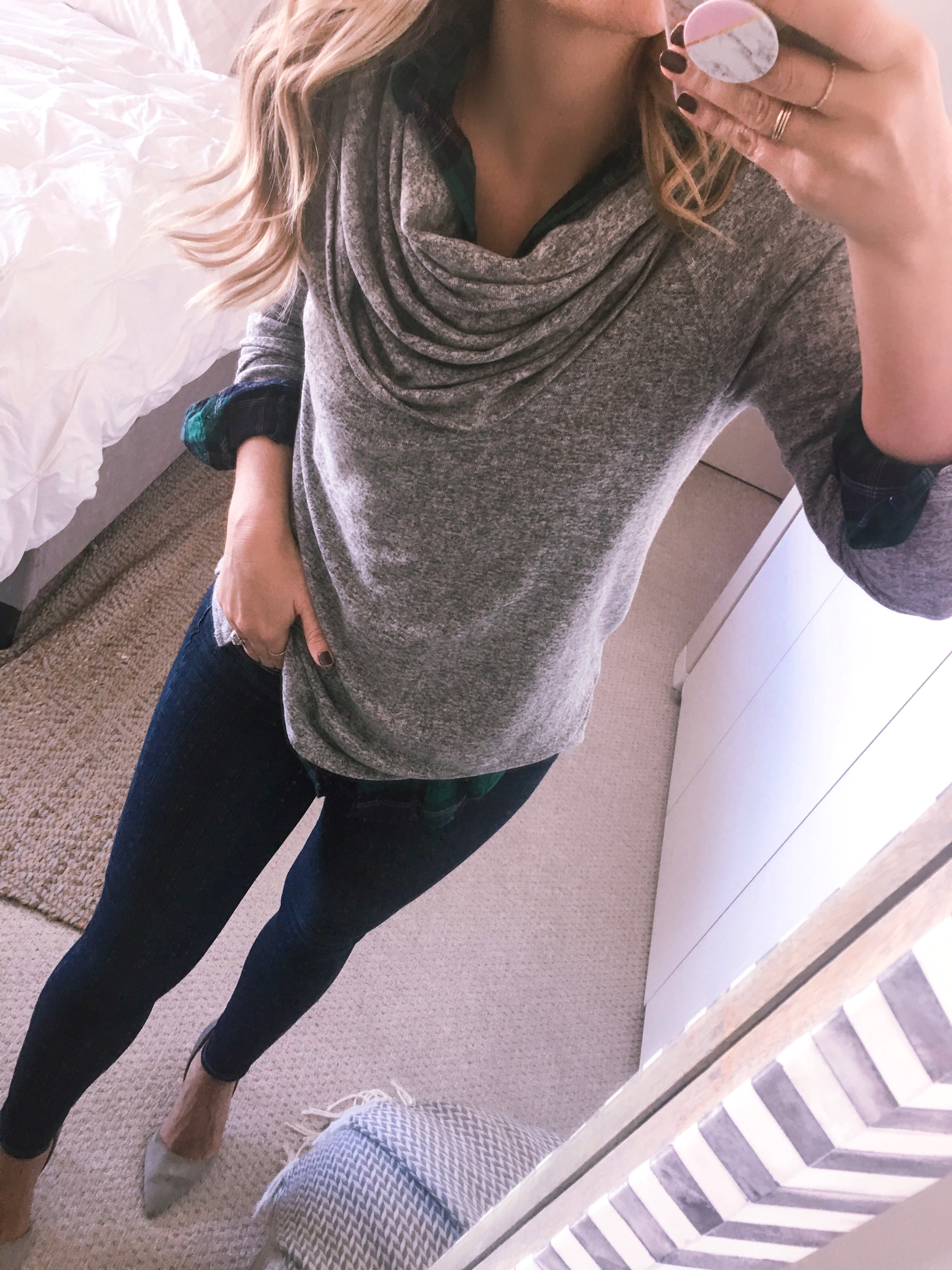 grey cowl neck sweater, flannel top, and high waist paige skinny jeans