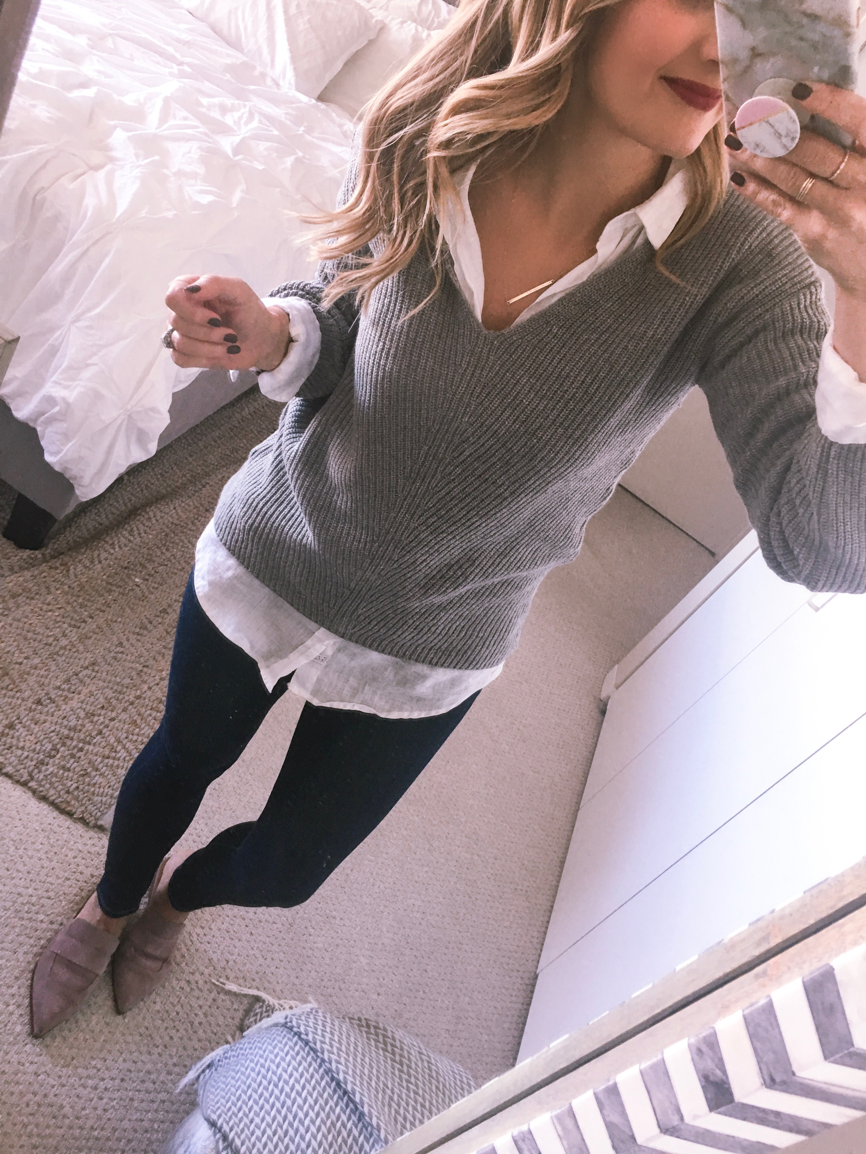 grey v-neck sweater with pink palmer mules by franco sarto