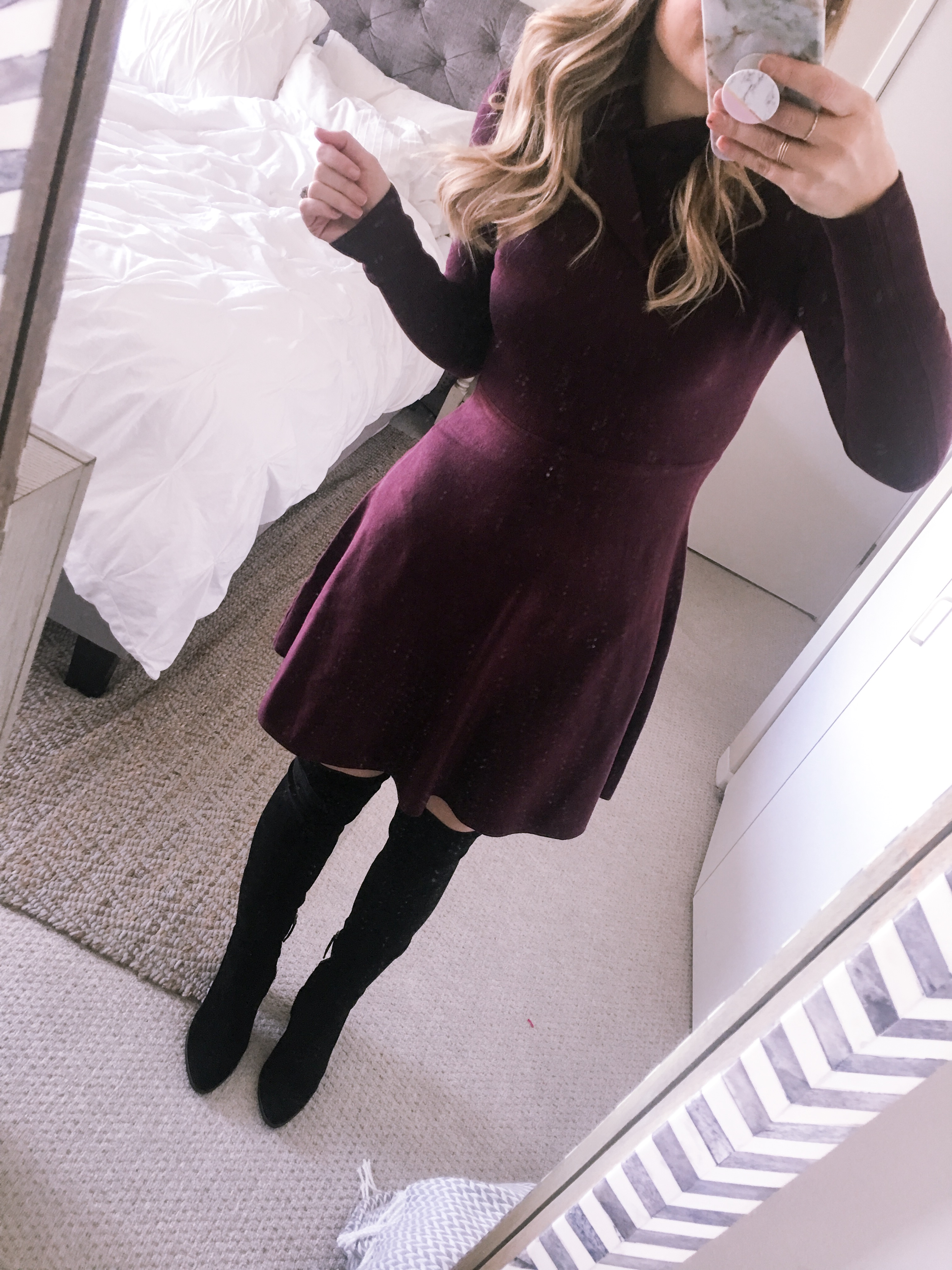 Eliza J tie Neck Fit and Flare Dress in Burgundy for the office - OOTD 12.7.17: Burgundy Midi Dress & OTK Boots by Chicago style blogger Visions of Vogue