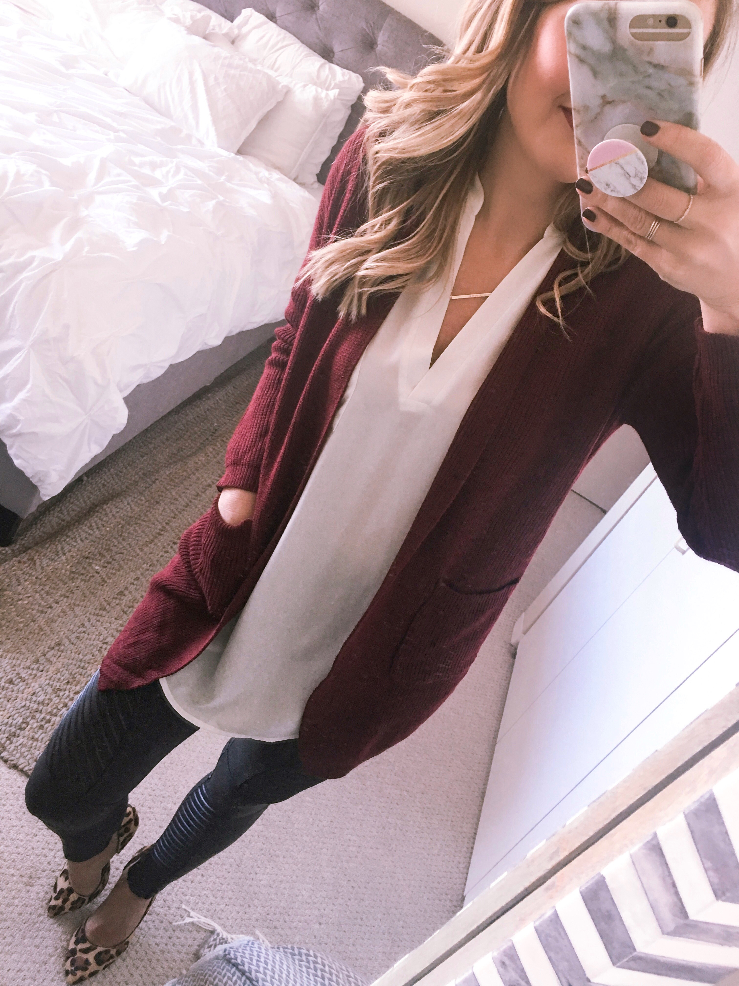 burgundy cardigan with a white roll sleeve tunic
