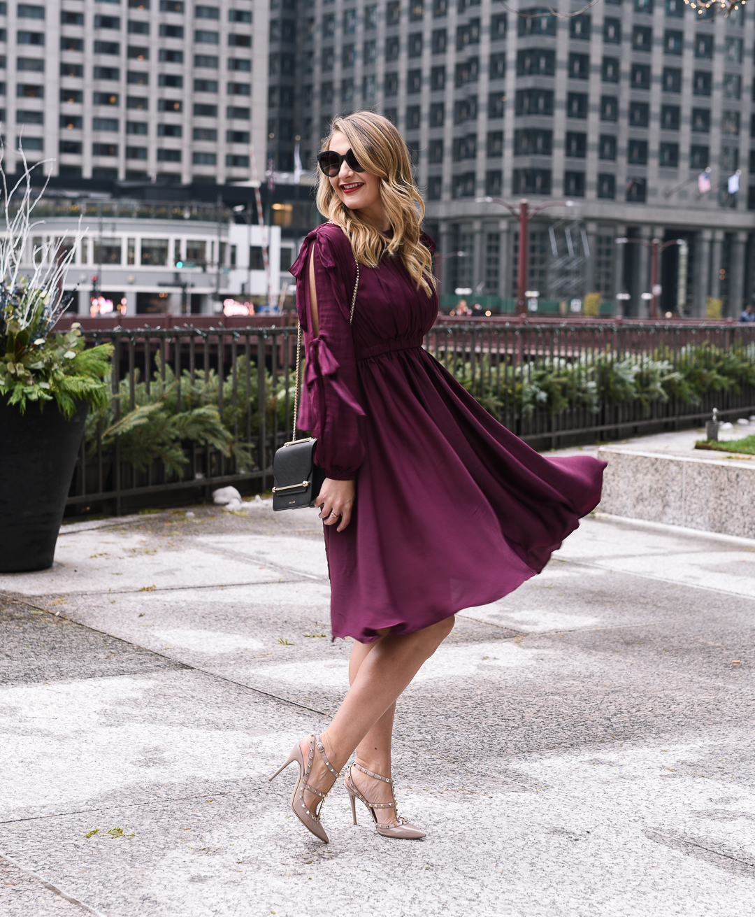 catherine maladrino burgundy silk holiday dress - Burgundy Holiday Dress by Chicago fashion blogger Visions of Vogue