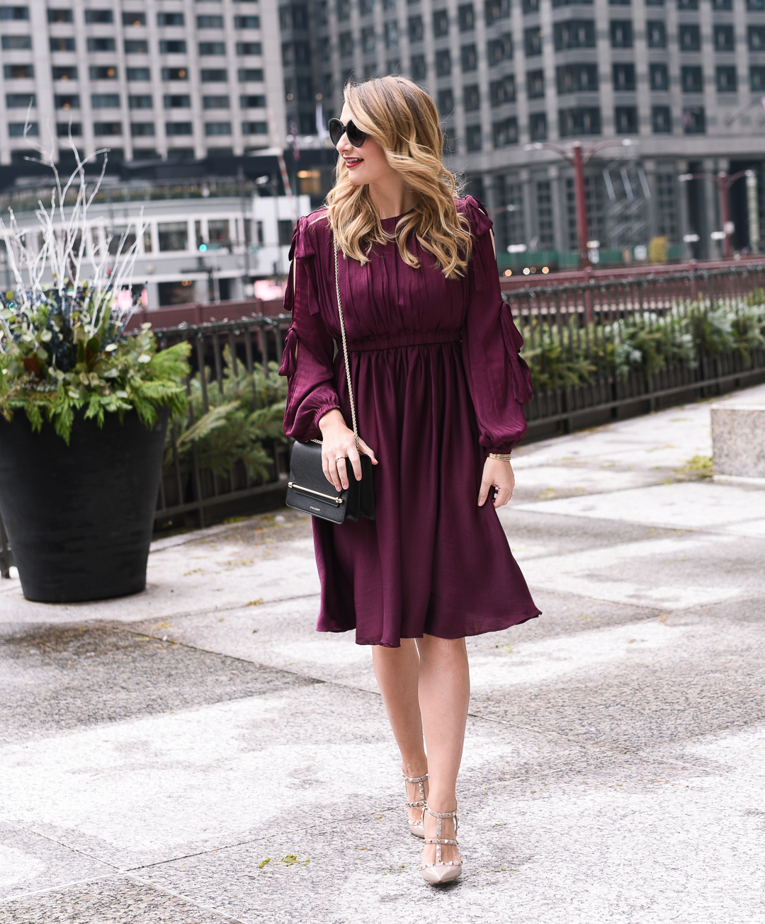 beige valentino rockstud pumps - Burgundy Holiday Dress by Chicago fashion blogger Visions of Vogue