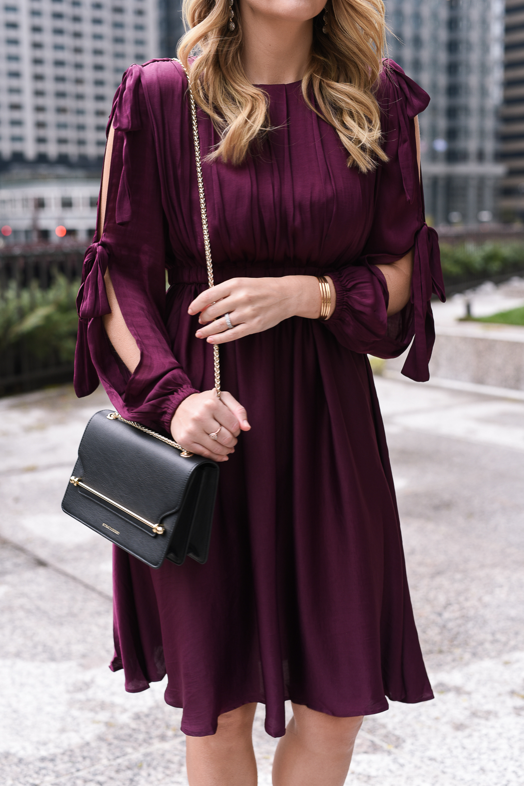 black leather strathberry bag - Burgundy Holiday Dress by Chicago fashion blogger Visions of Vogue
