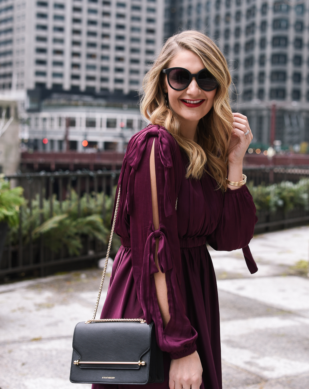 affordable black sunglasses by quay australia - Burgundy Holiday Dress by Chicago fashion blogger Visions of Vogue