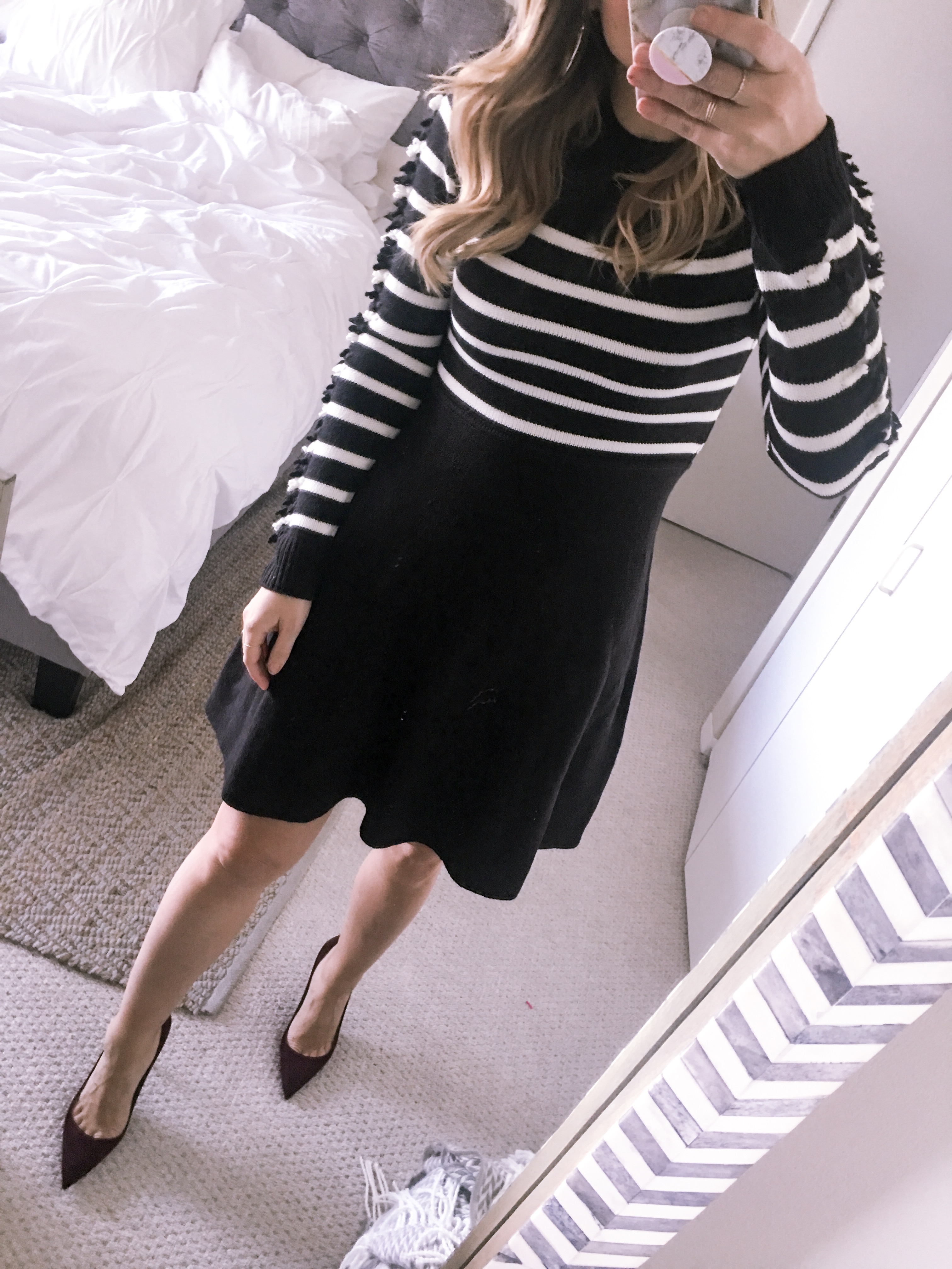 Striped Fit and Flare Sweater dress from Eliza J at Nordstrom with Black Sam Edelman Hazel Pumps.
