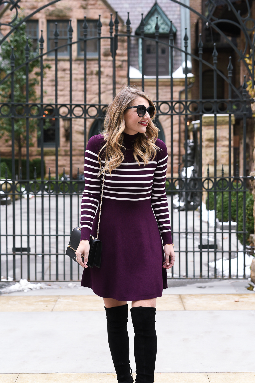 Burgundy striped sweater turtleneck dress for the office. 