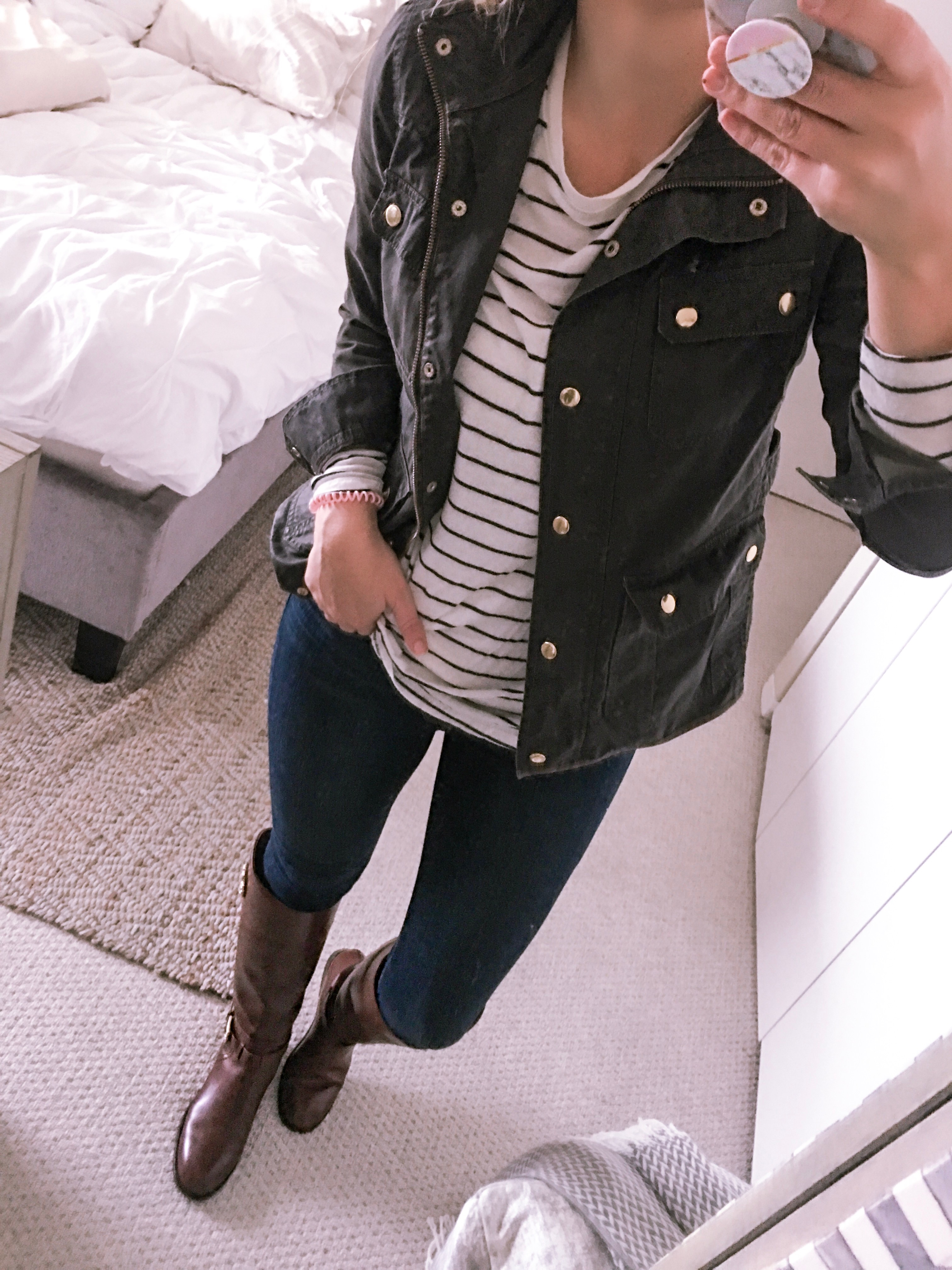 j.crew downtown field jacket and a striped tee