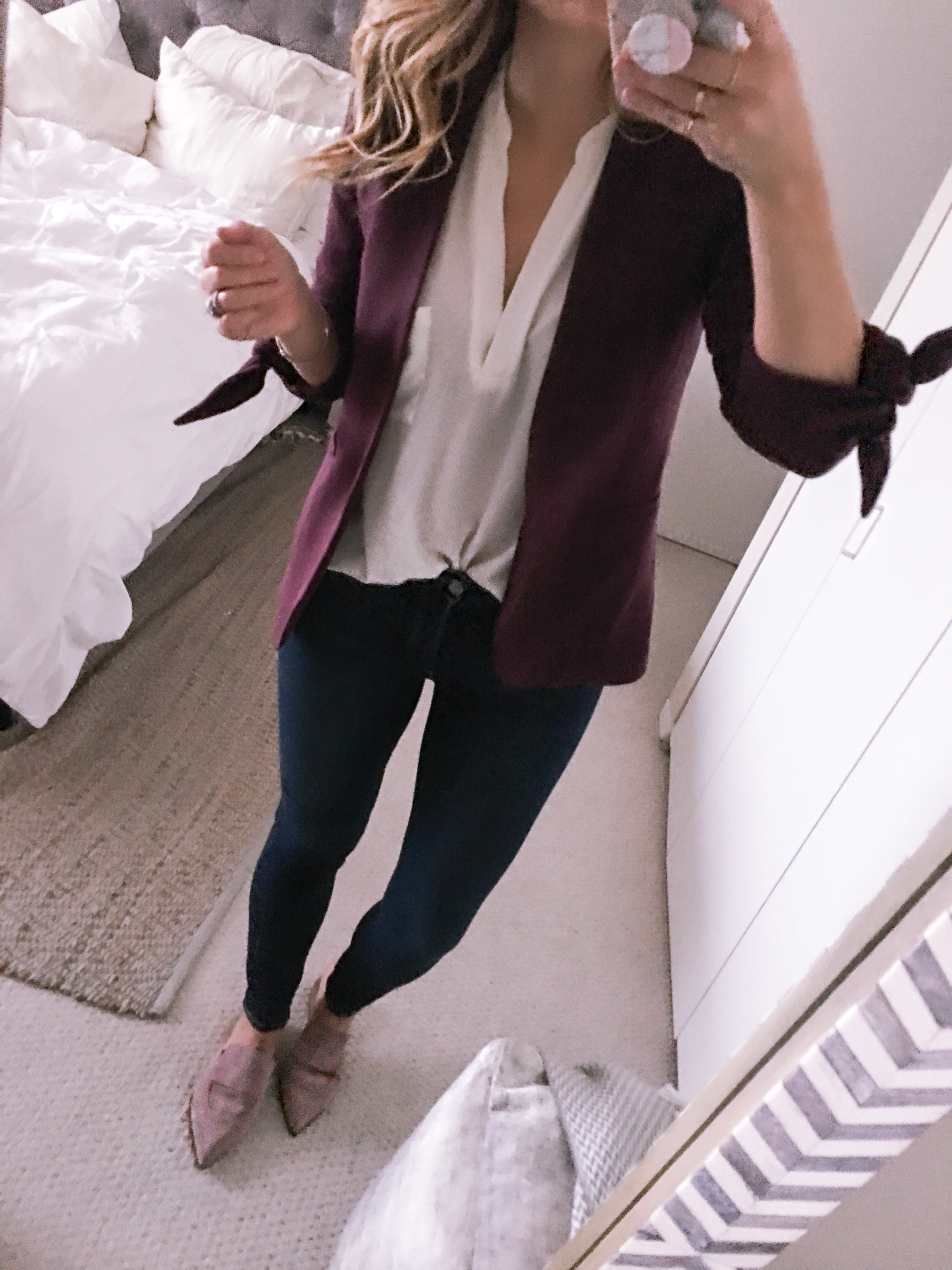 burgundy blazer and pink mules