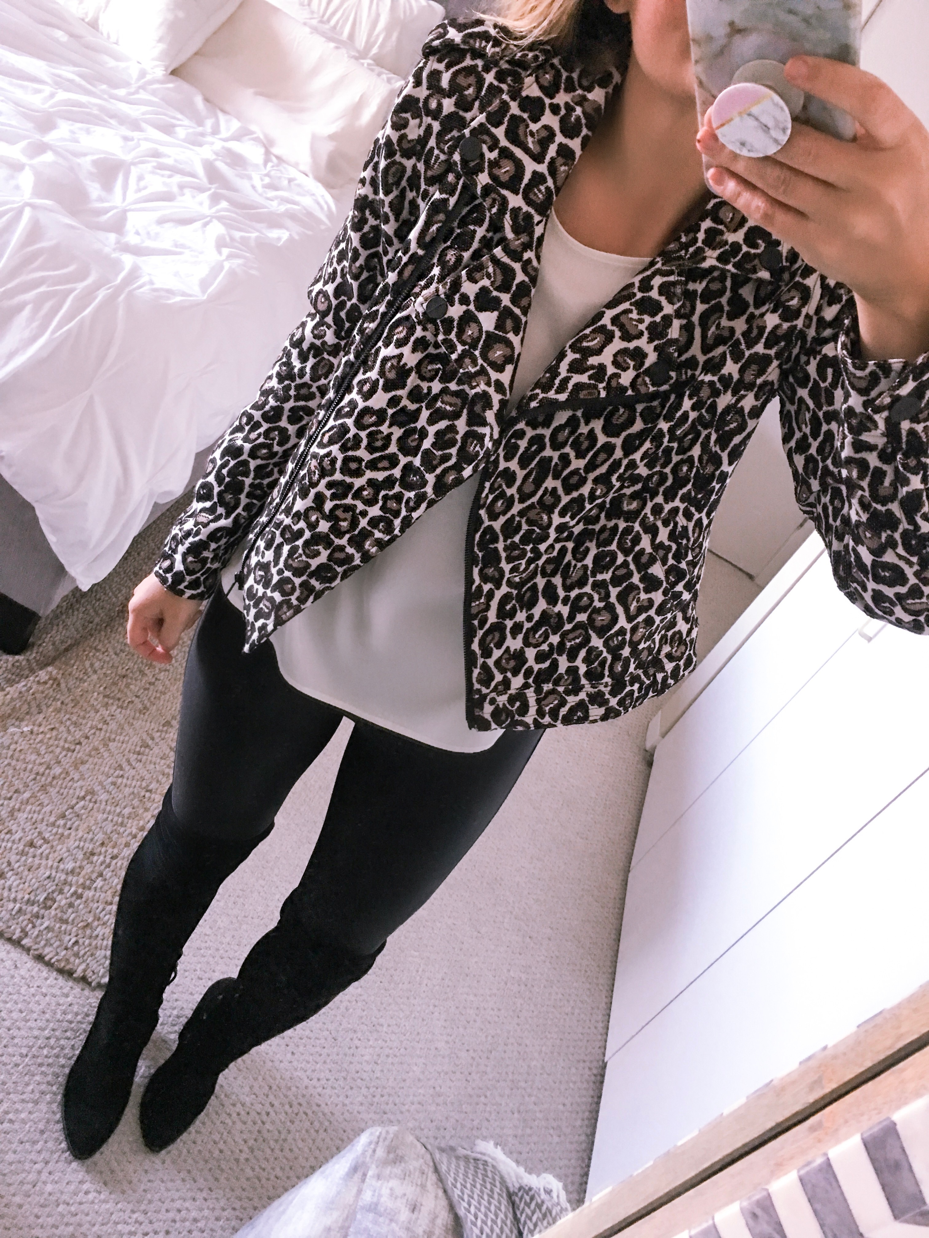 leopard moto jacket and faux leather leggings