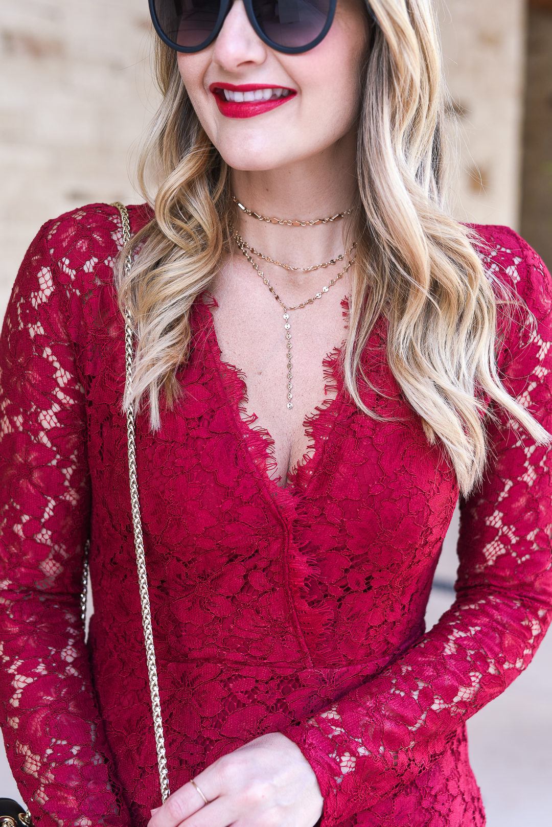 best gold layered statement necklace for under $50 - Red WAYF Dress by Chicago fashion blogger Visions of Vogue