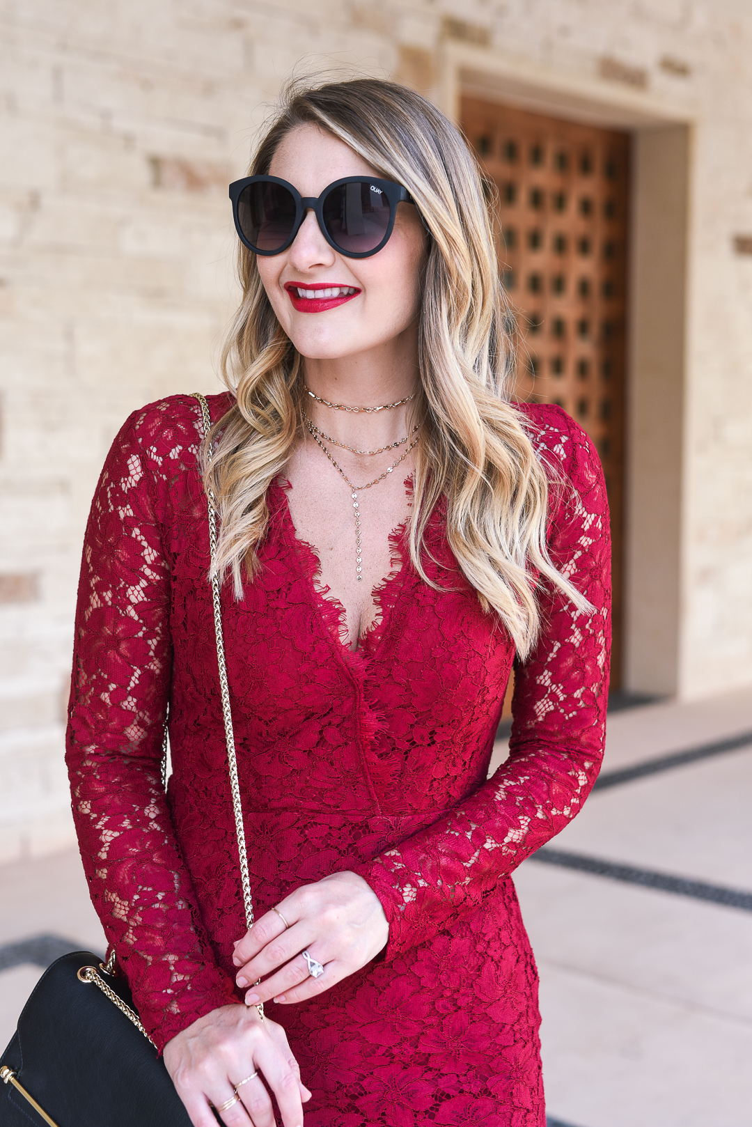 the best gold statement choker - aimee y baublebar - Red WAYF Dress by Chicago fashion blogger Visions of Vogue