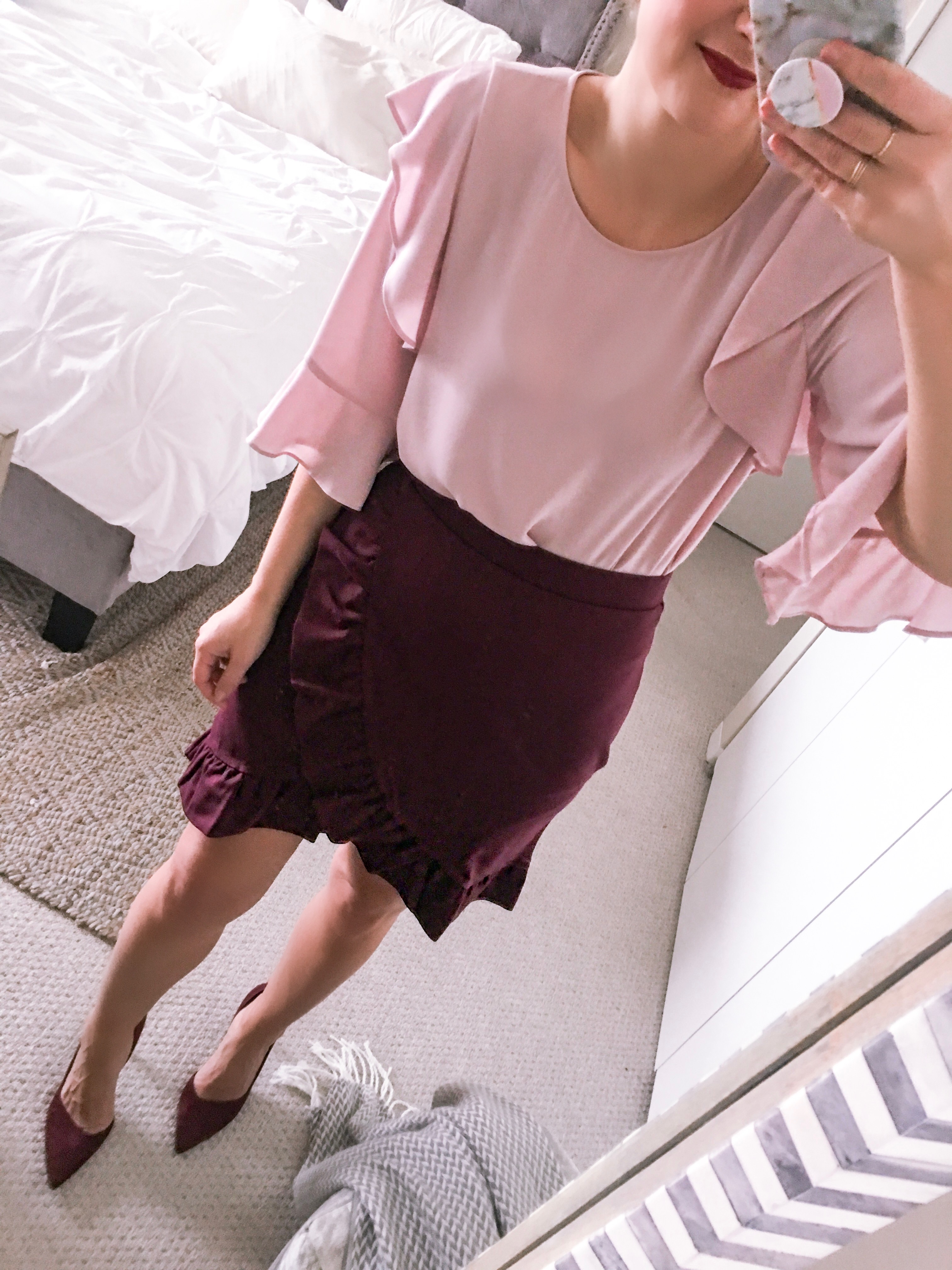 pink ruffle LOFT top and burgundy mini skirt for the office