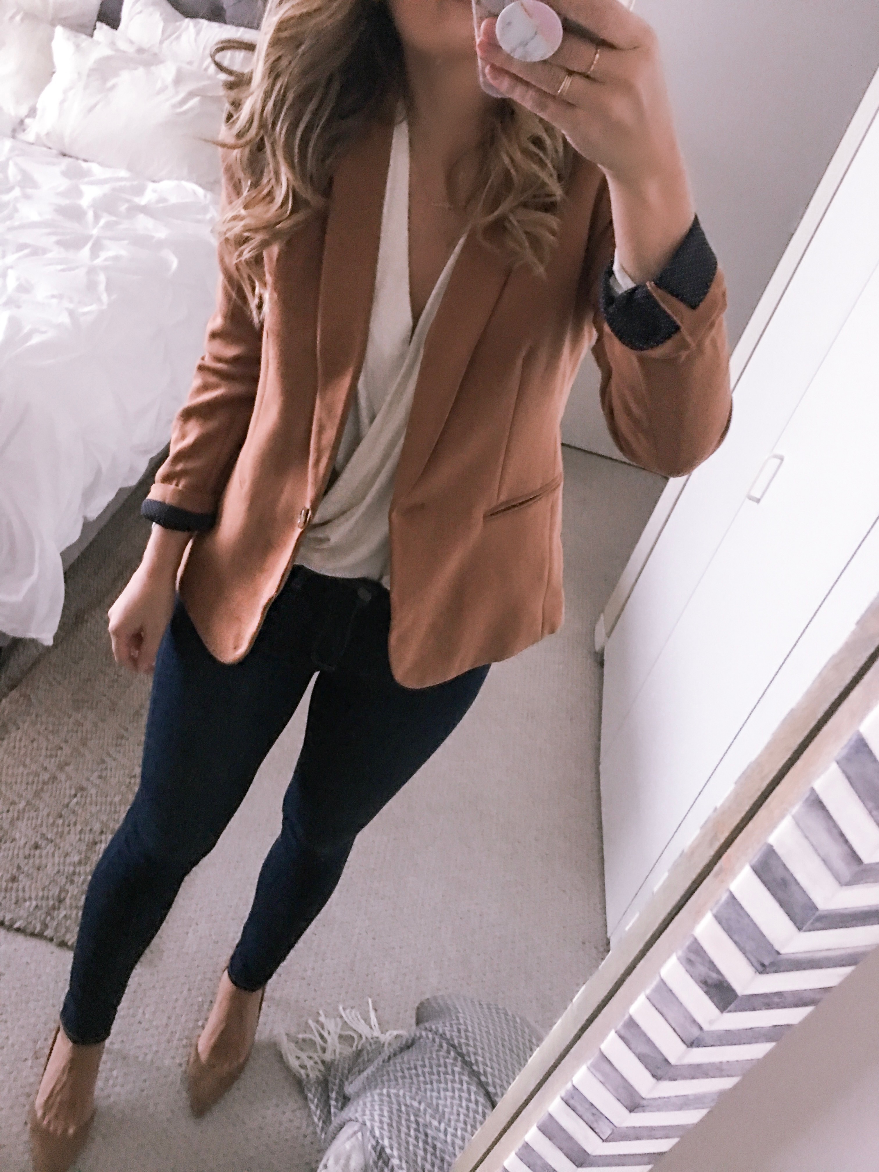 J.Crew Parke Blazer in caramel and a white faux wrap top