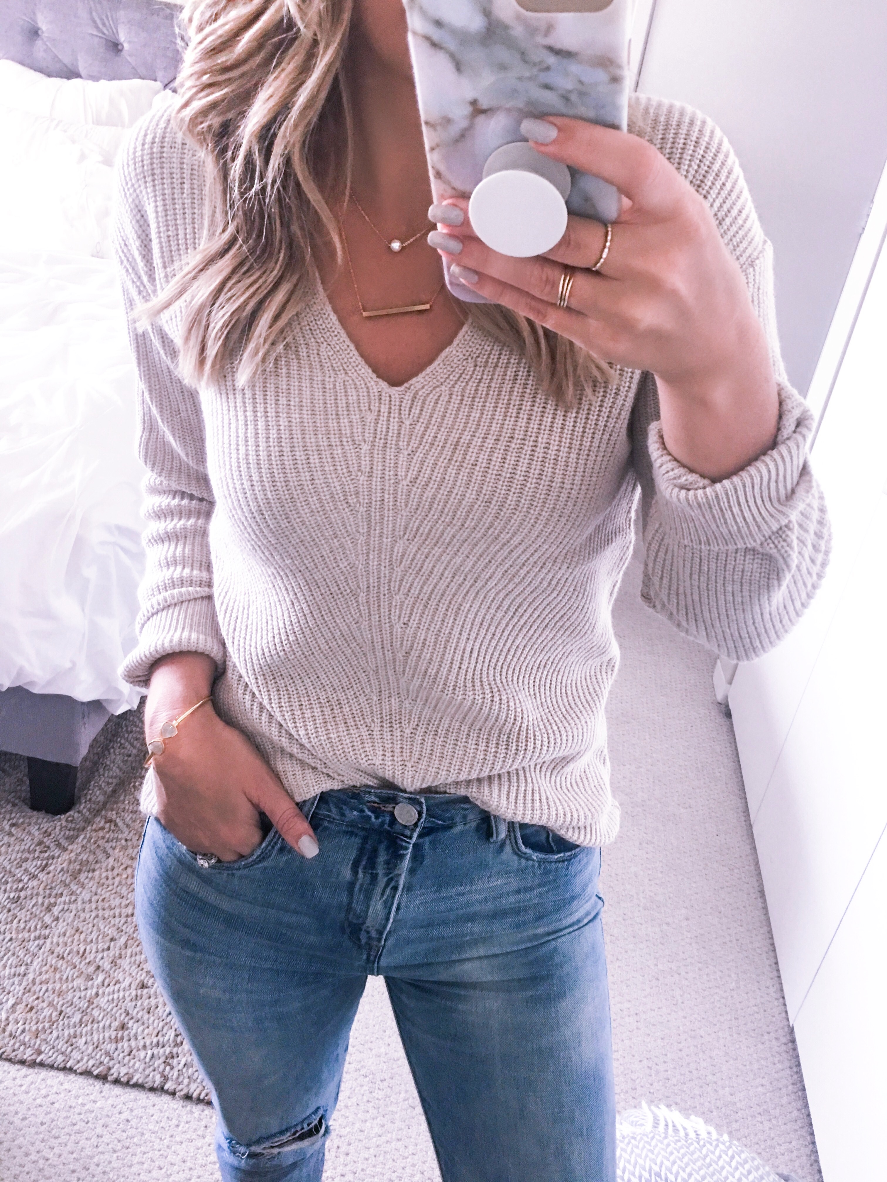 best brown v-neck sweater - January Instagram Fashion Roundup (15 Outfits) by popular Chicago fashion blogger Visions of Vogue