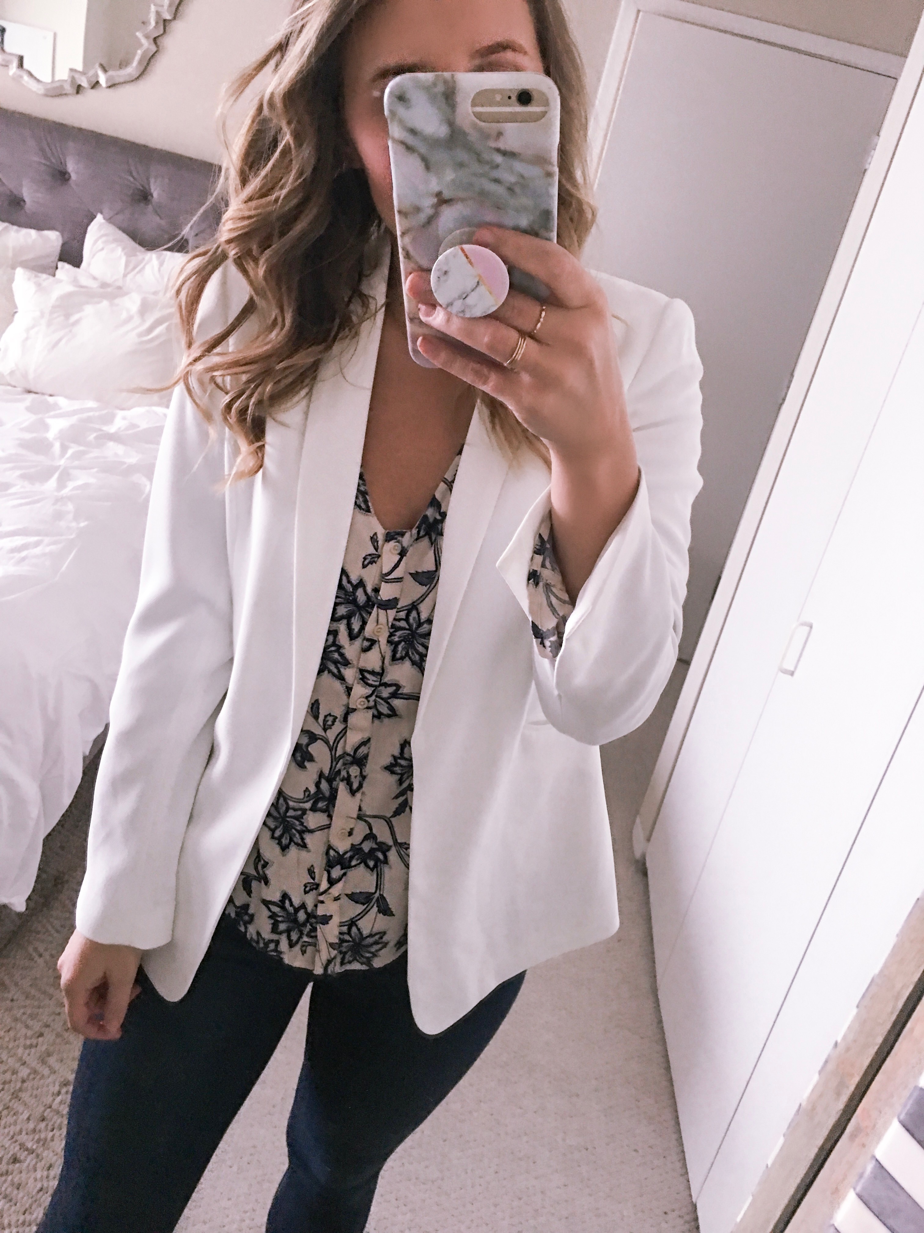 white blazer and blue floral shirt from nordstrom
