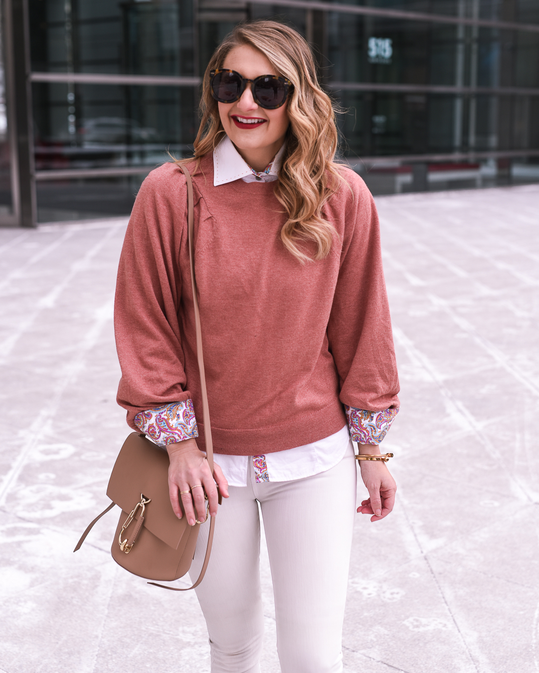 Leith Blouson Sleeve Sweater in Coral from Nordstrom  - Stylish Office Outfits by popular Chicago fashion blogger Visions of Vogue