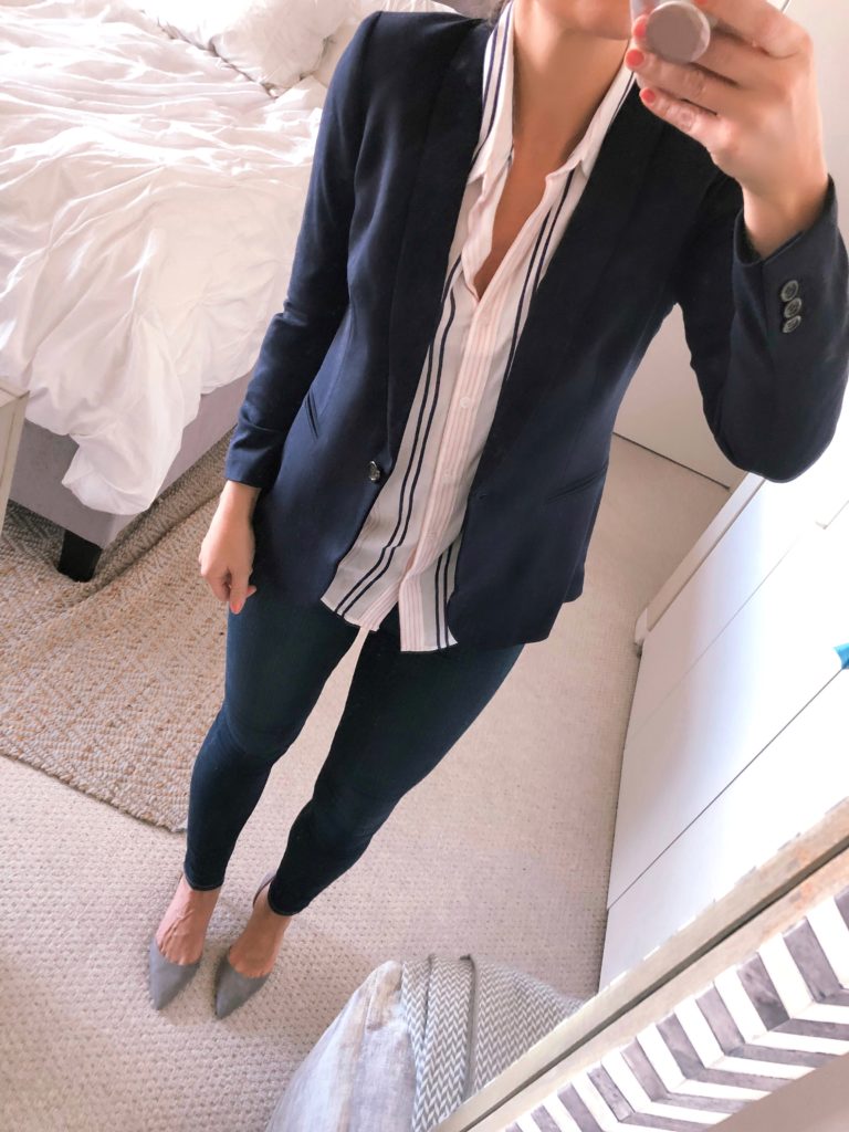OOTD 1.30.18: Navy Blue Blazer and Striped Blouse | Visions of Vogue