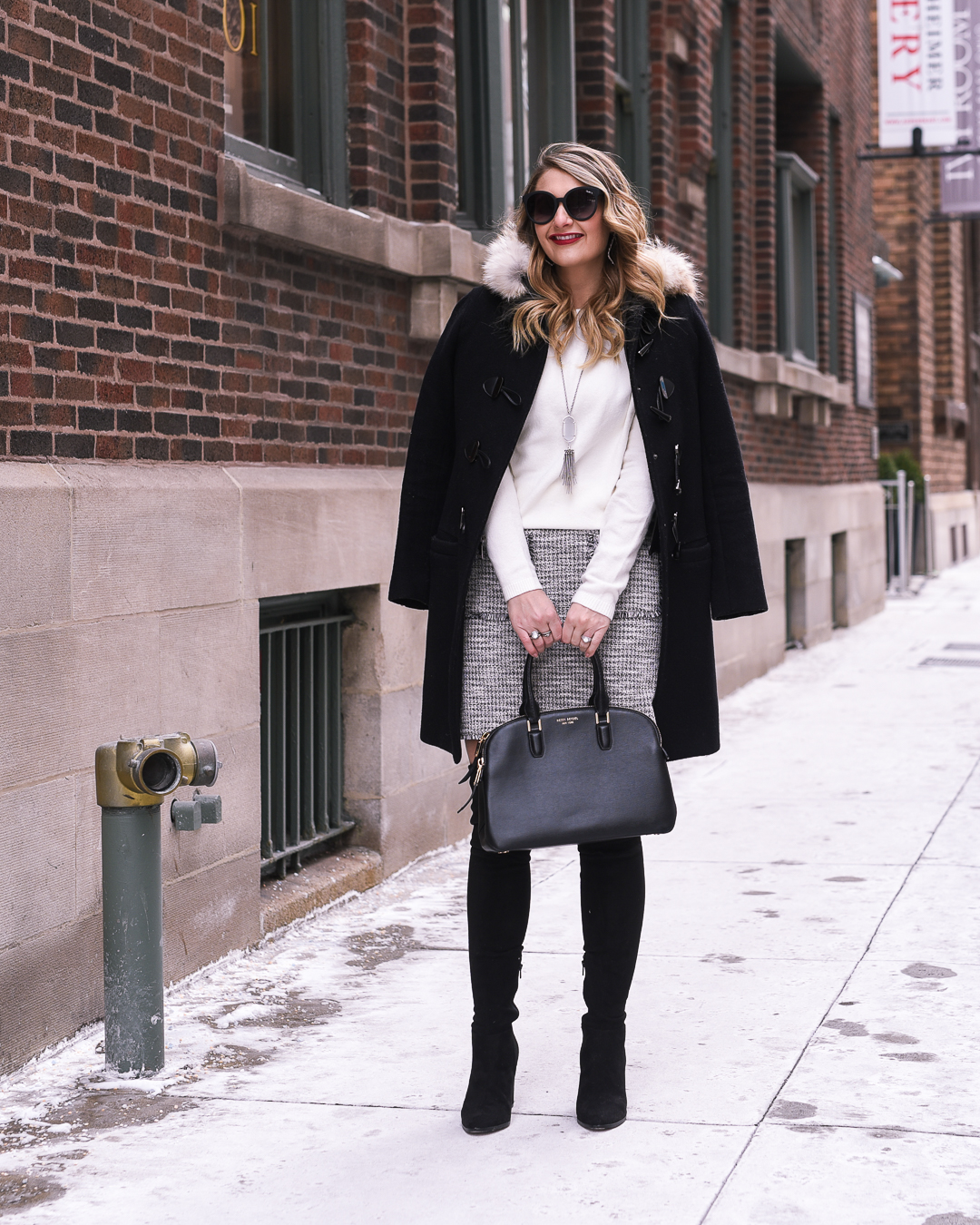 LOFT tweed mini skirt with a Halogen white knit sweater and black suede over the knee boots