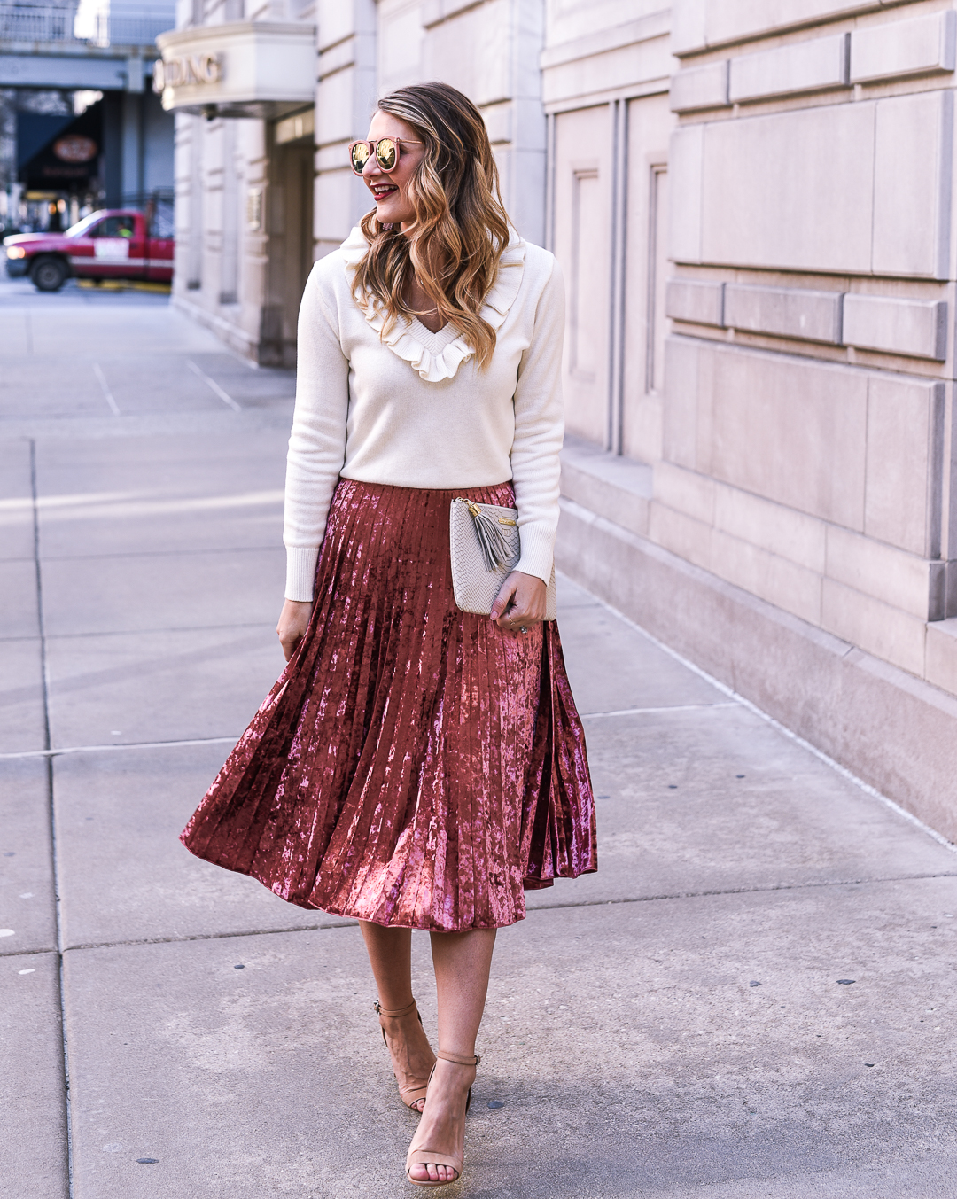 Pink velvet pleated midi skirt - 5 Valentines Day Outfits by popular Chicago style blogger Visions of Vogue