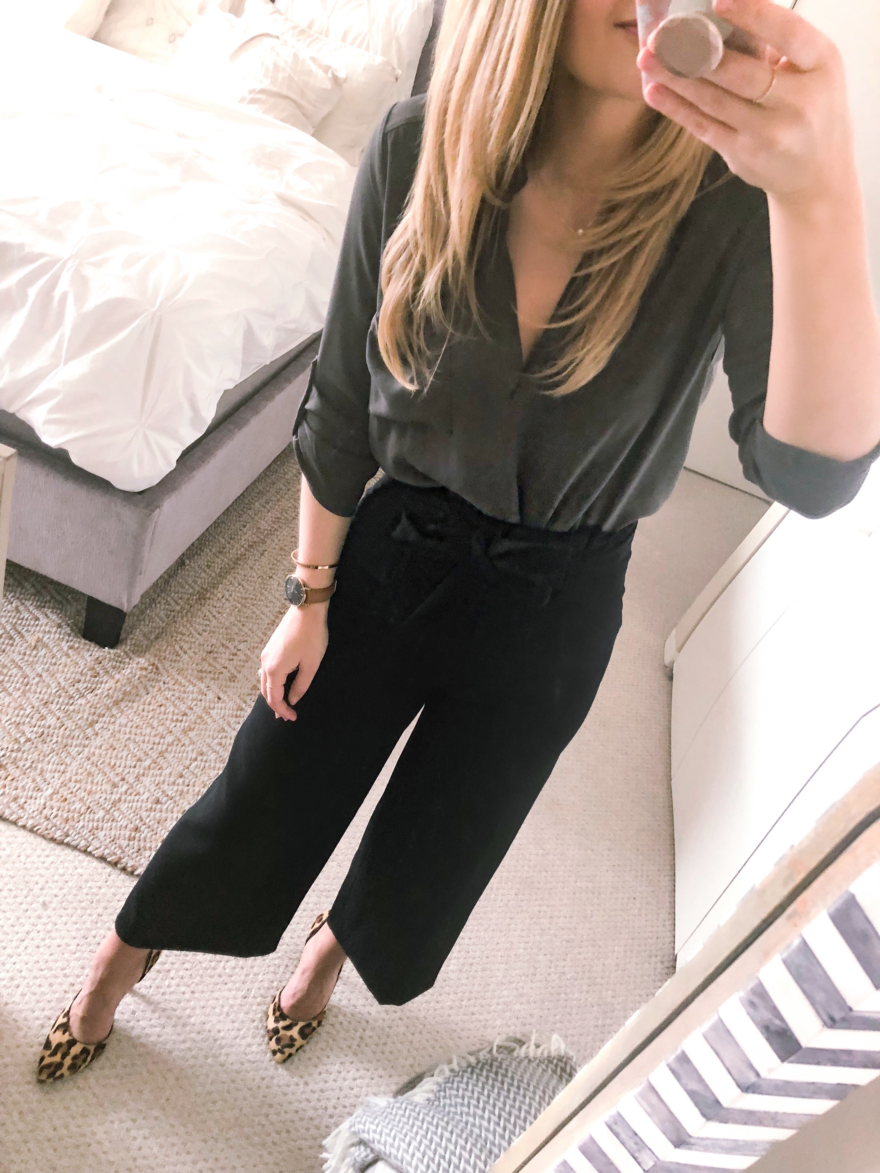 olive tunic top and black pants