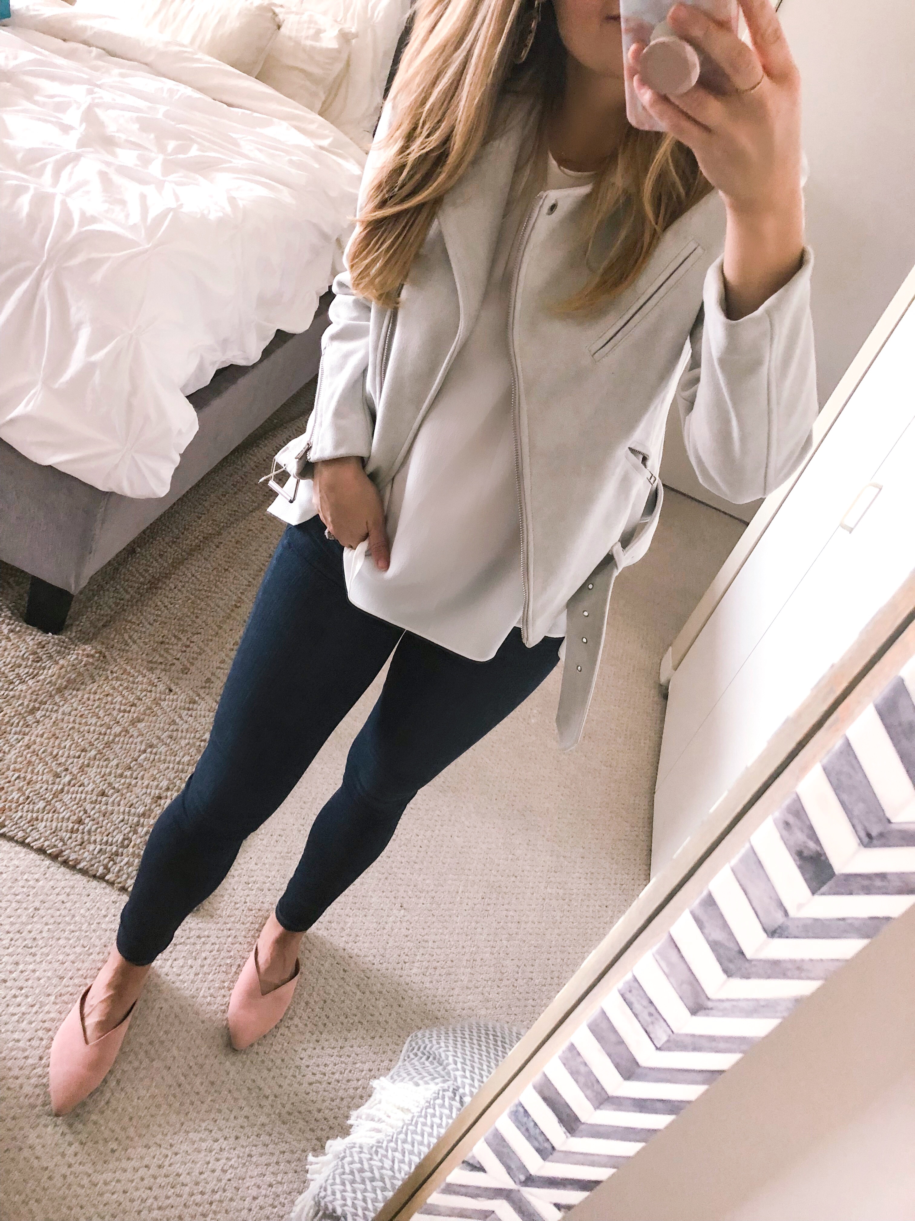 pink suede flats and grey moto jacket