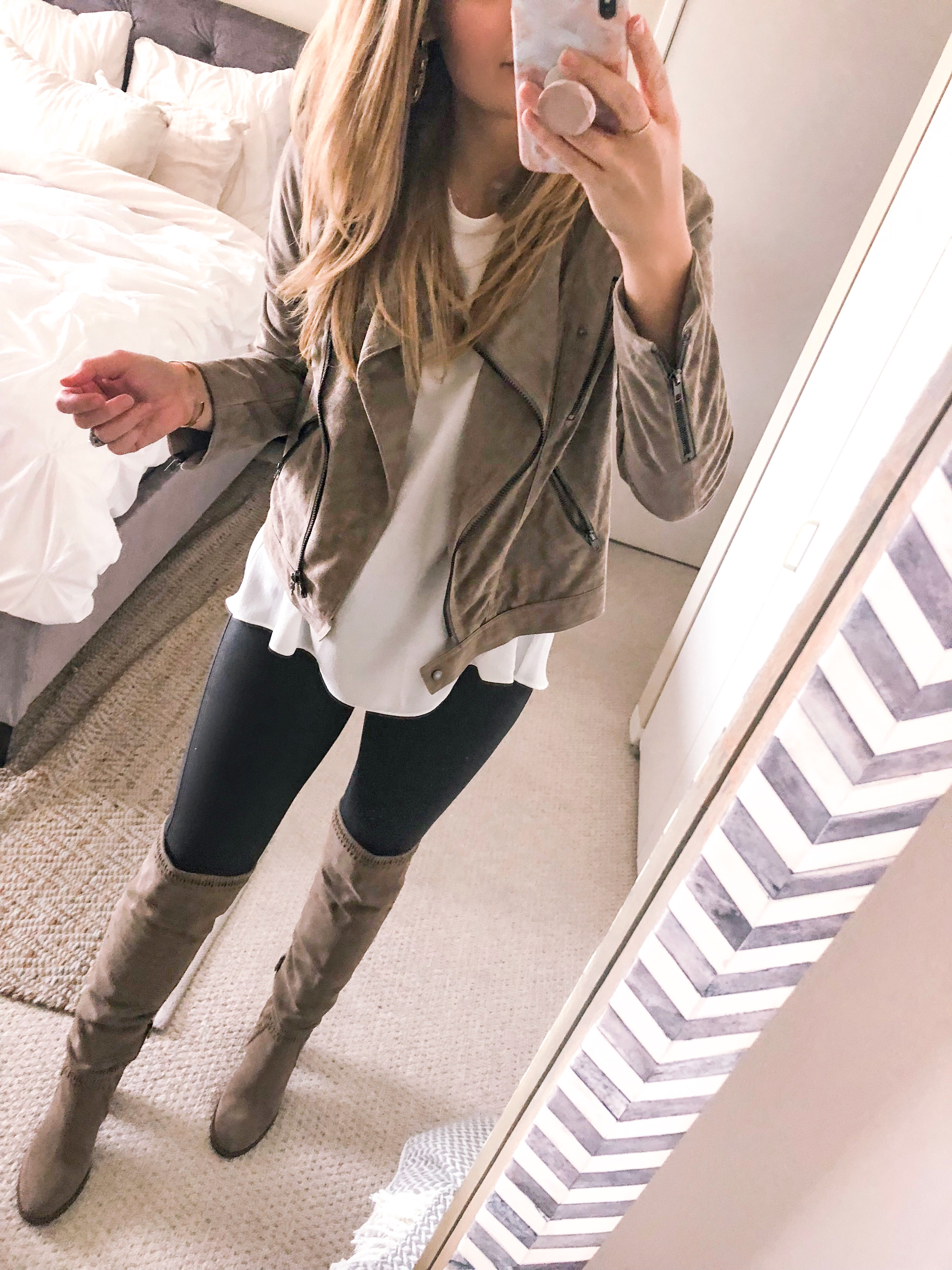 suede jacket and faux leather leggings