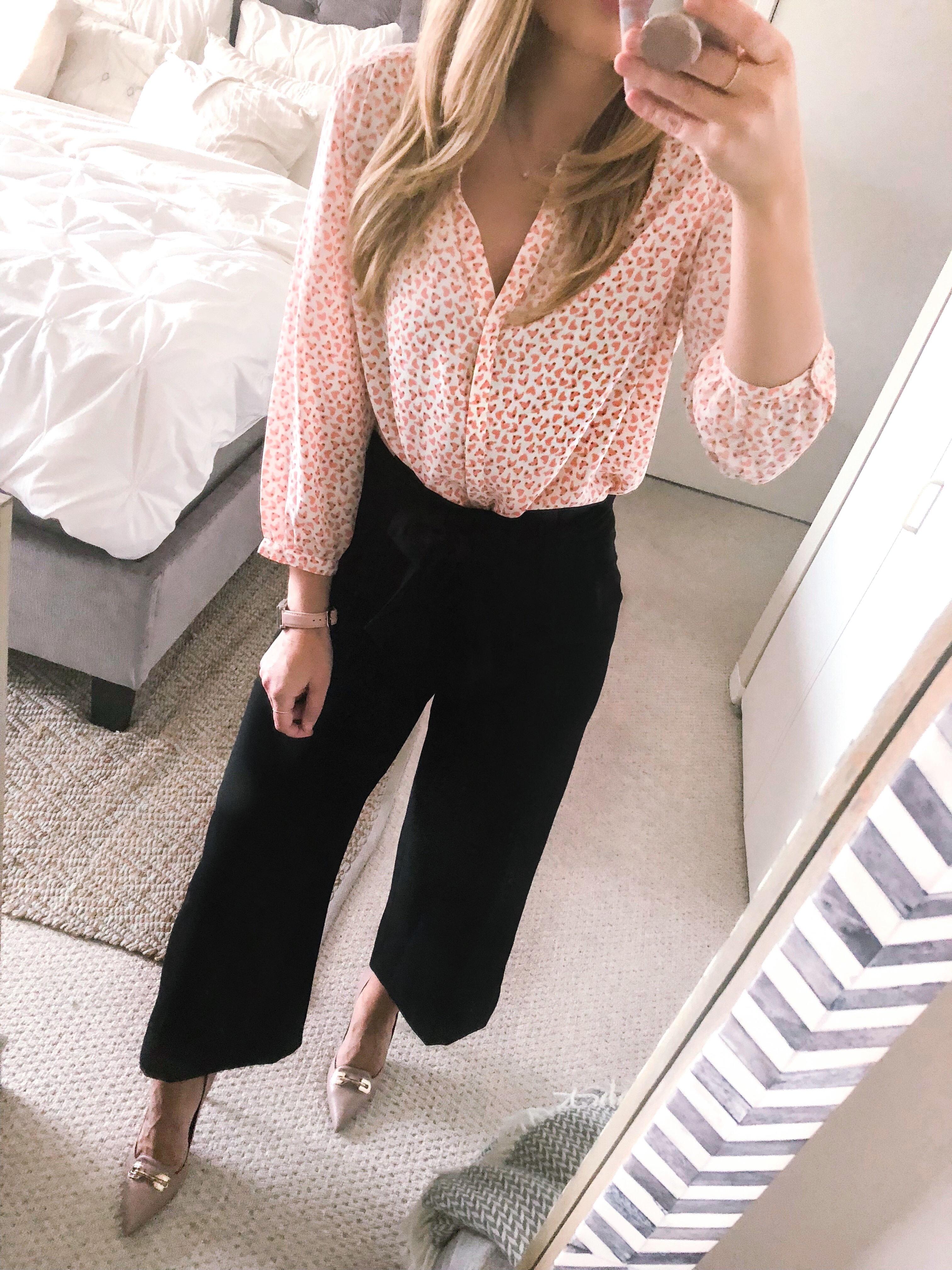 black high waist dress slacks and a heart print blouse