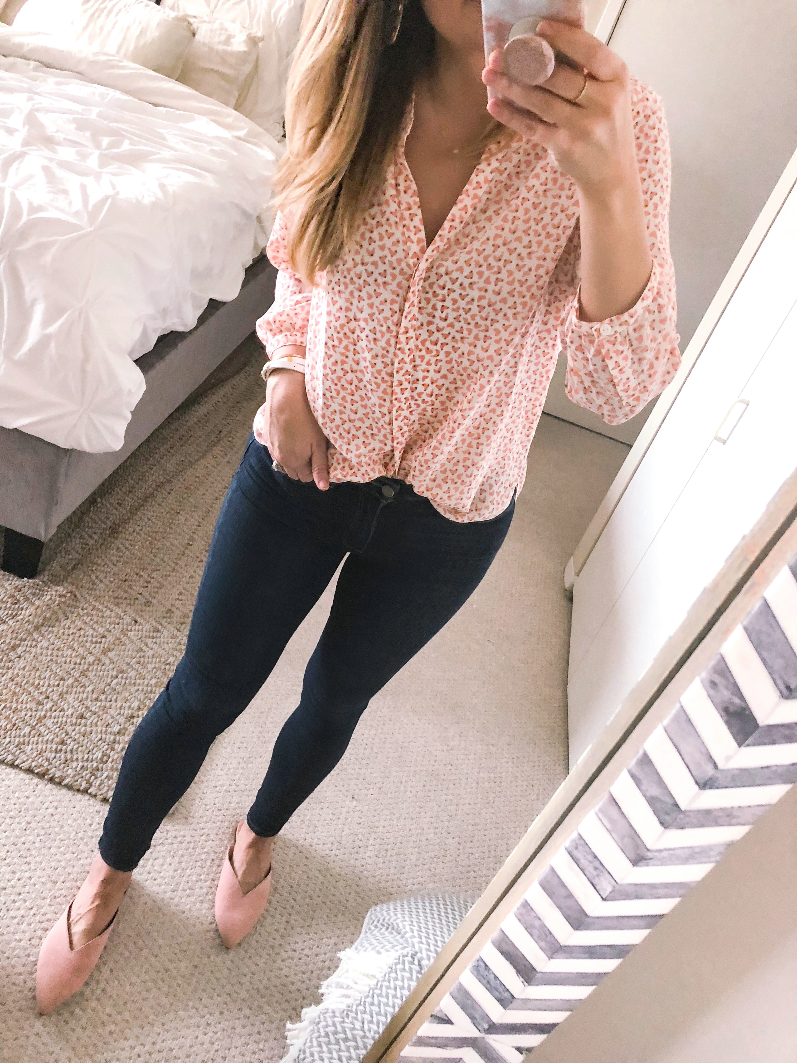 pink blouse with heart prints