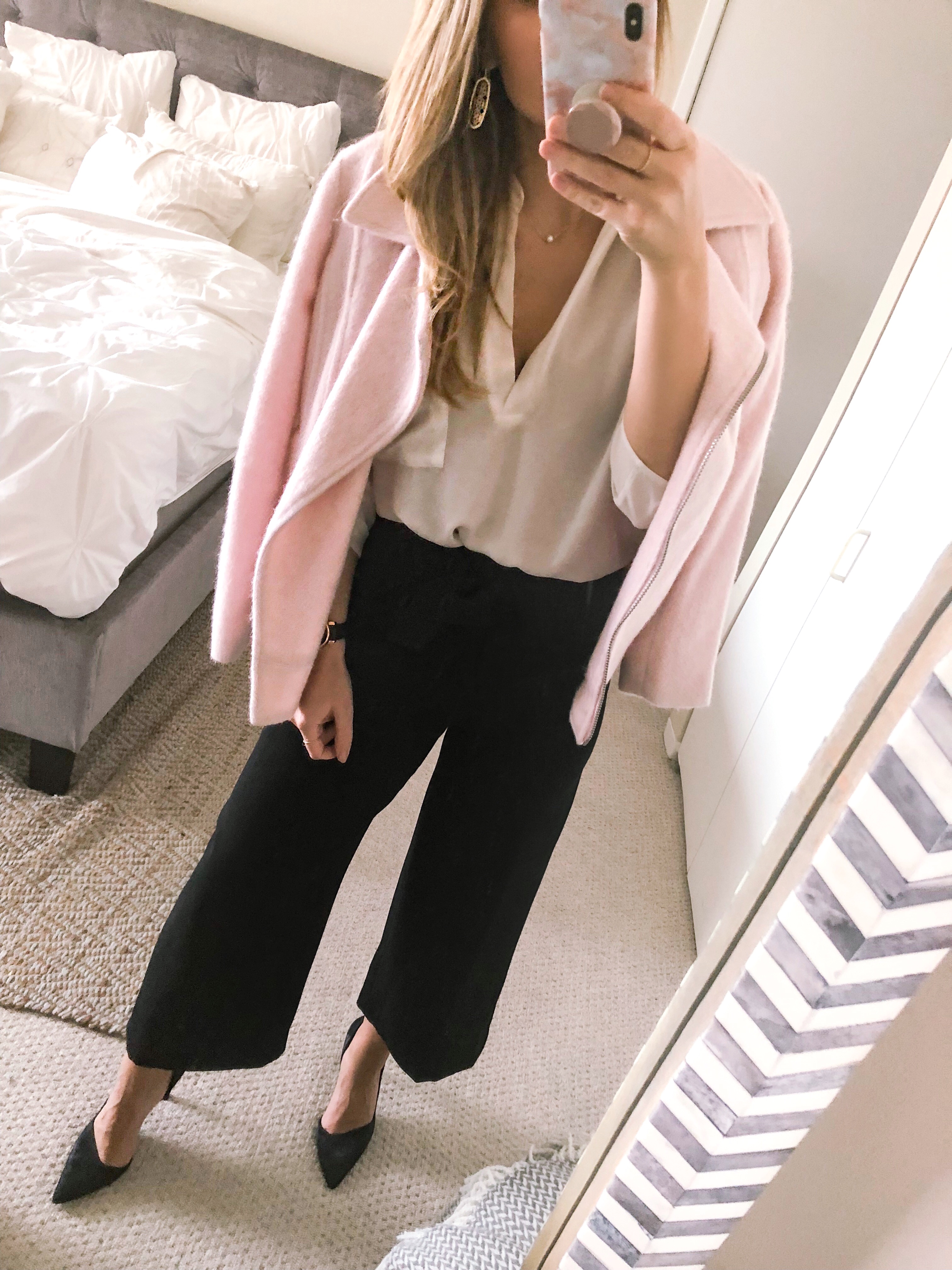 pink moto jacket and high waist pants