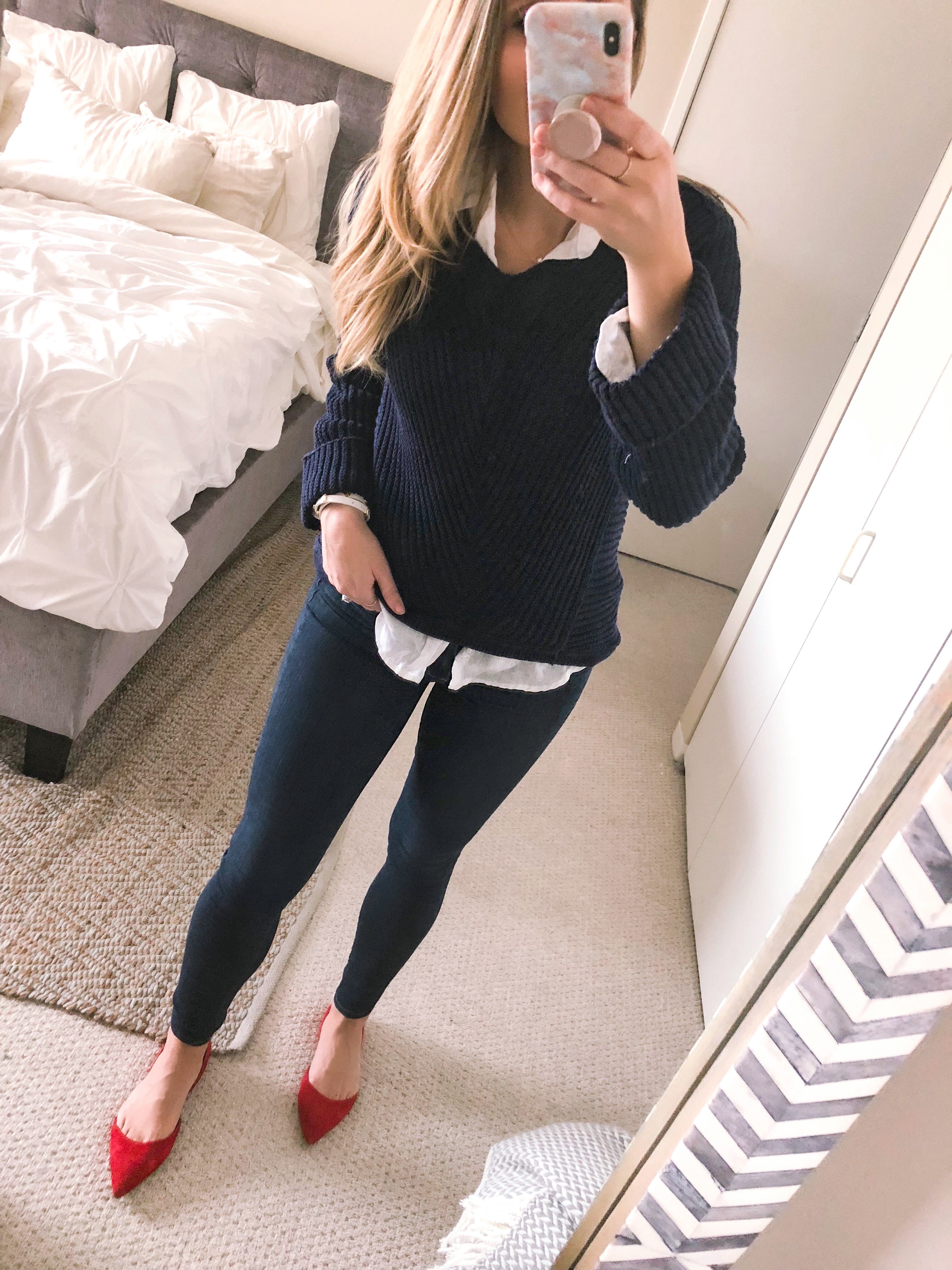 navy sweater and red suede flats