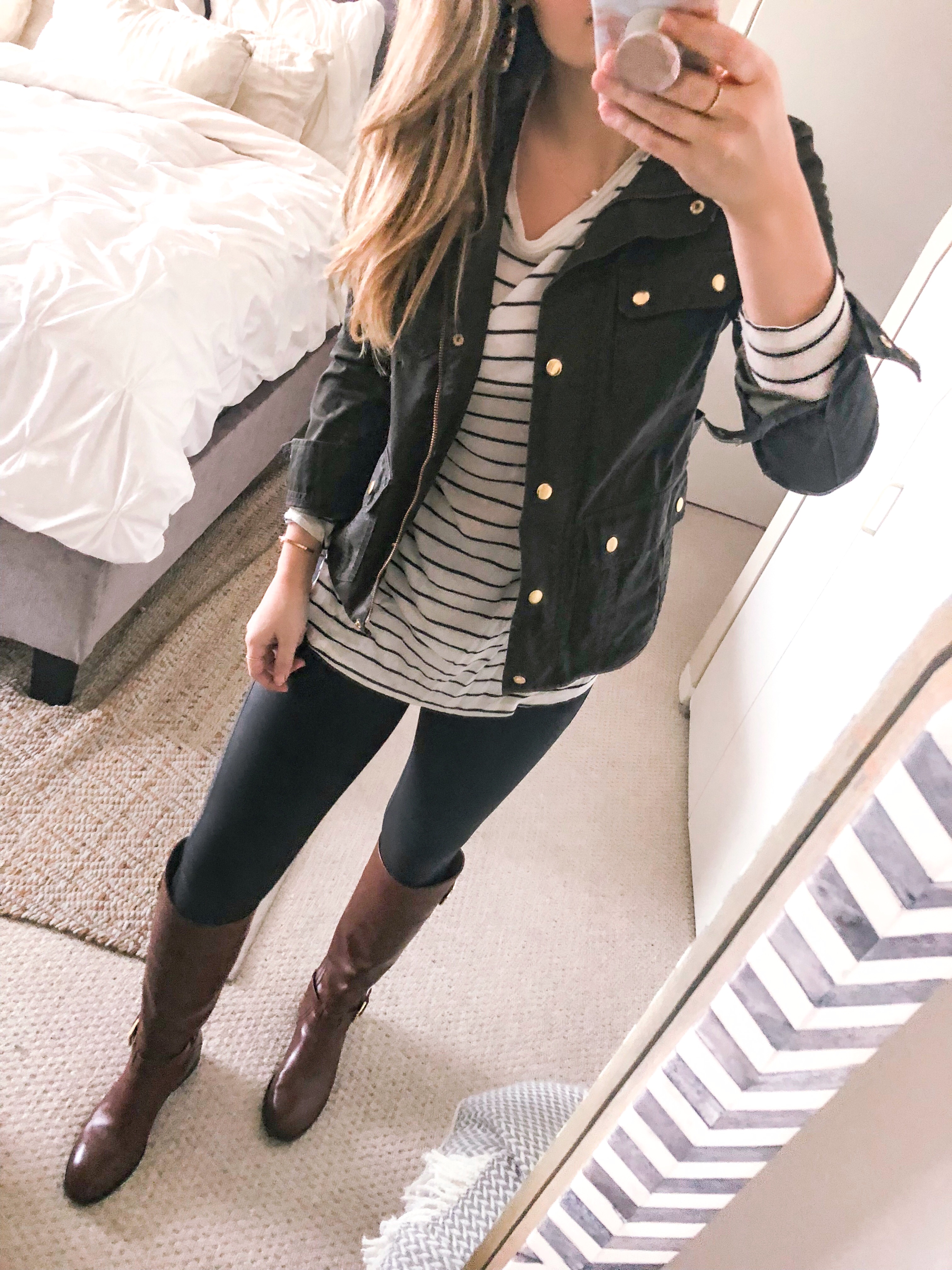 weekend outfit idea with a green jacket and striped shirt