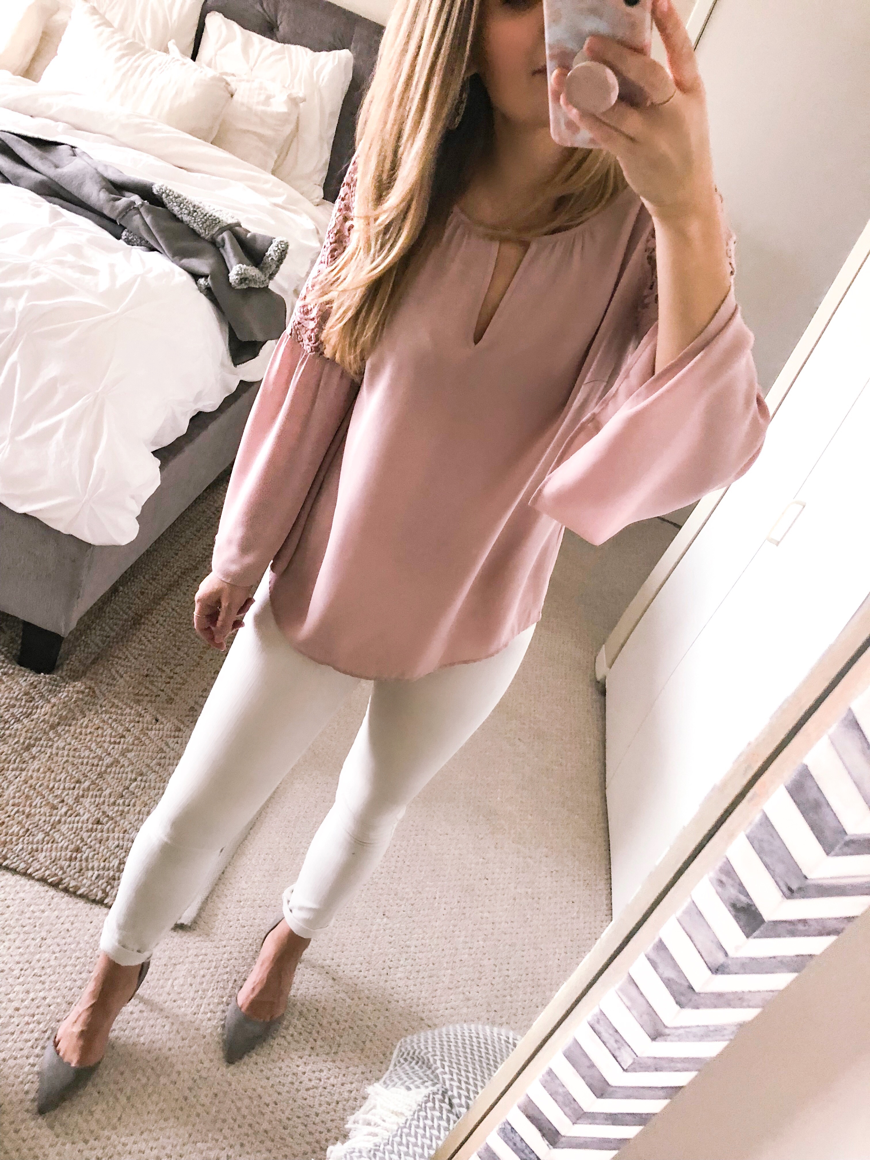blush pink lace bell sleeve top from nordstrom