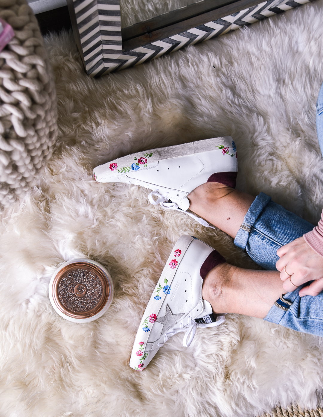 pink floral sneakers for spring - Italist Review: Golden Goose Sneakers by popular Chicago fashion blogger Visions of Vogue