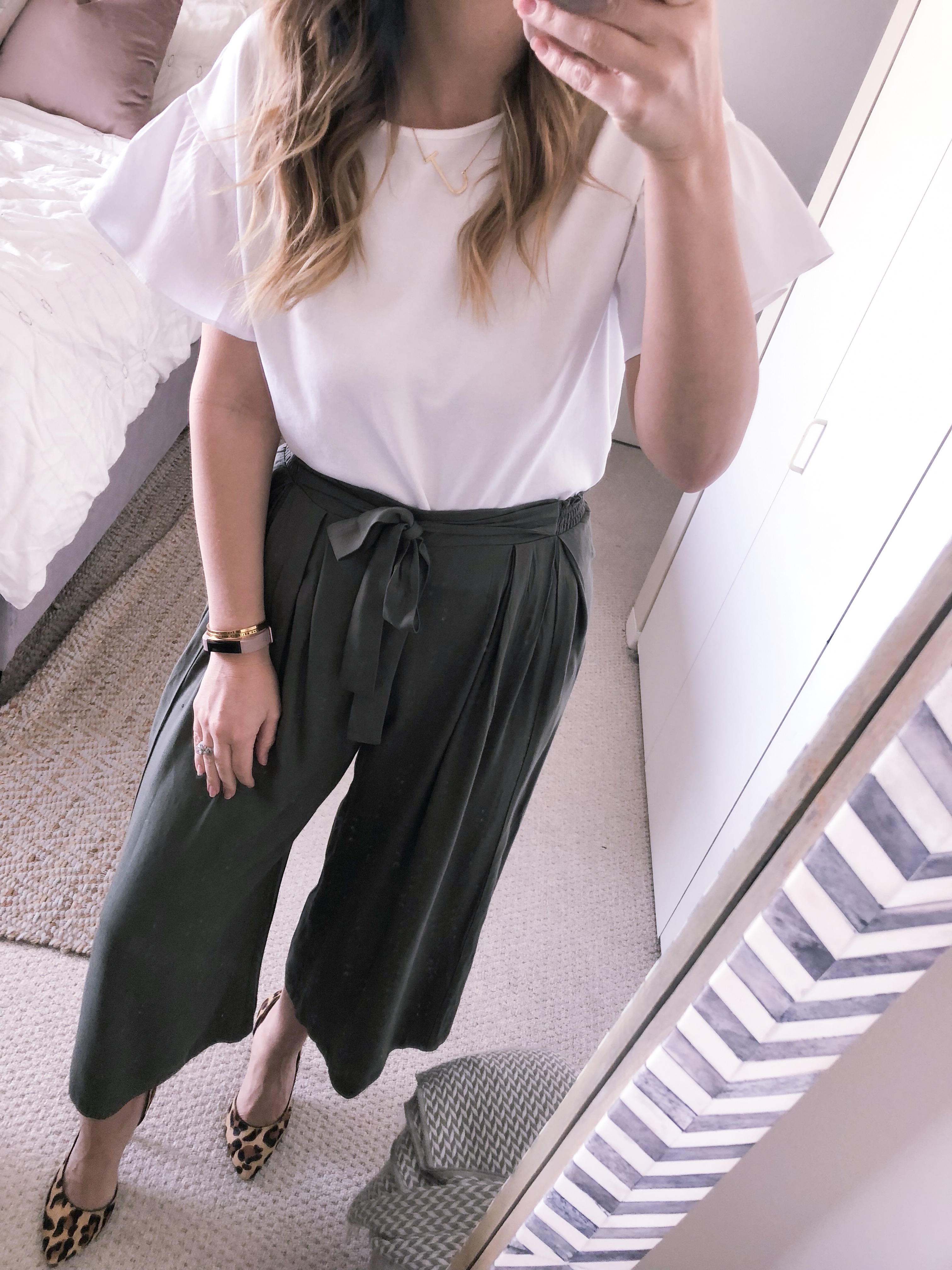 cropped olive pants for the office and a flutter sleeve top