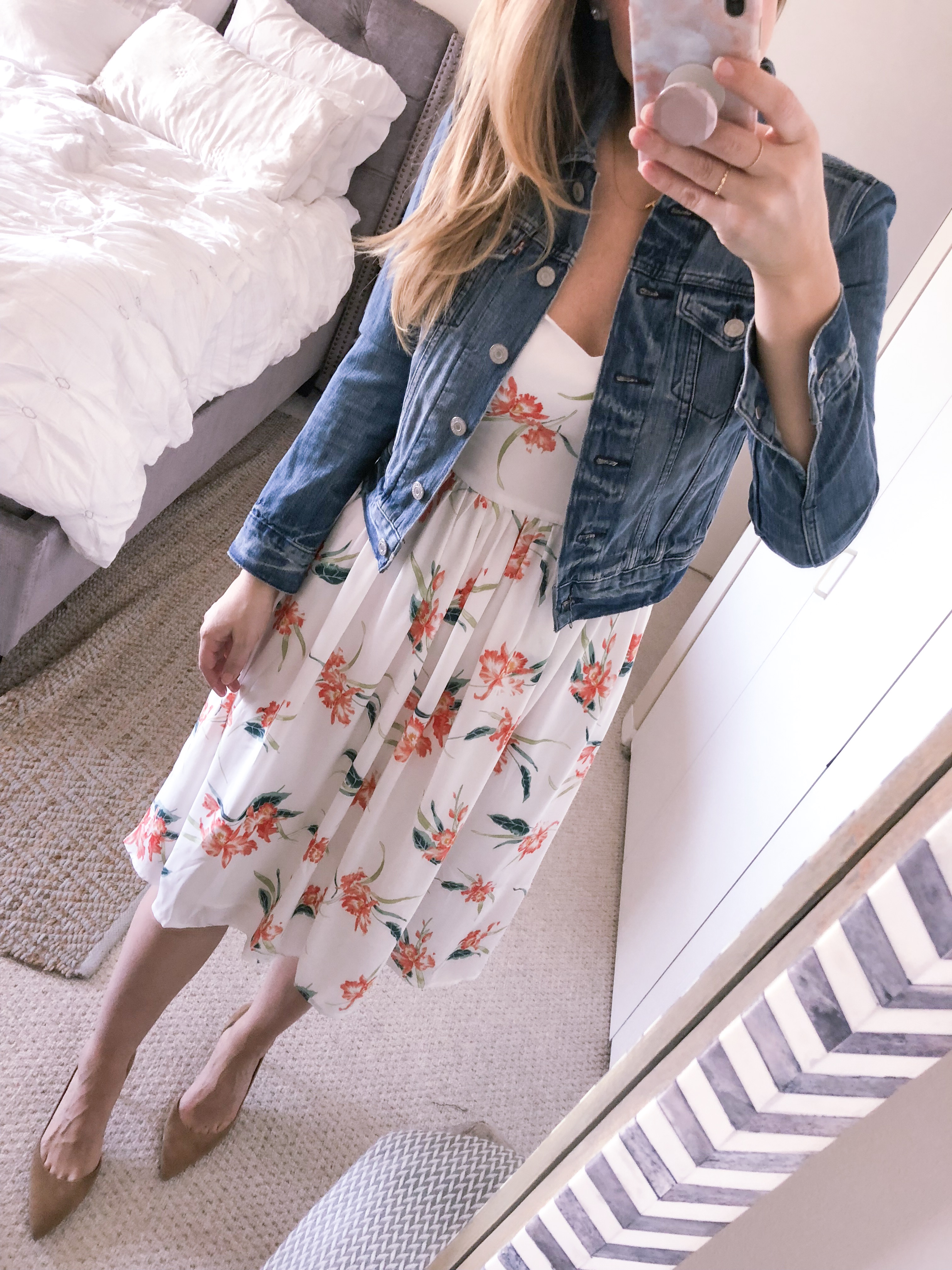 white floral midi dress with a jean jacket for spring