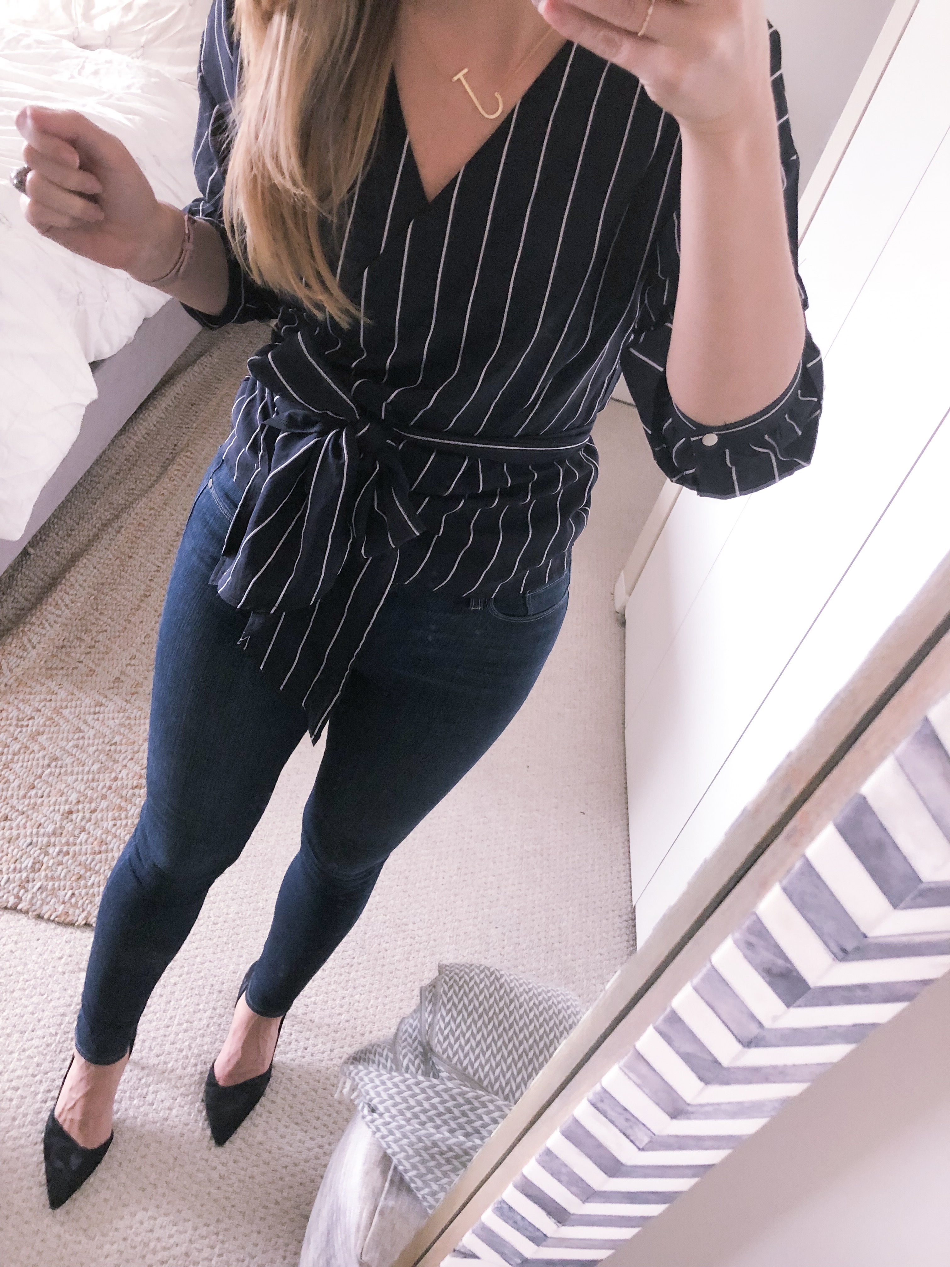 navy striped shirt and high waist skinny jeans
