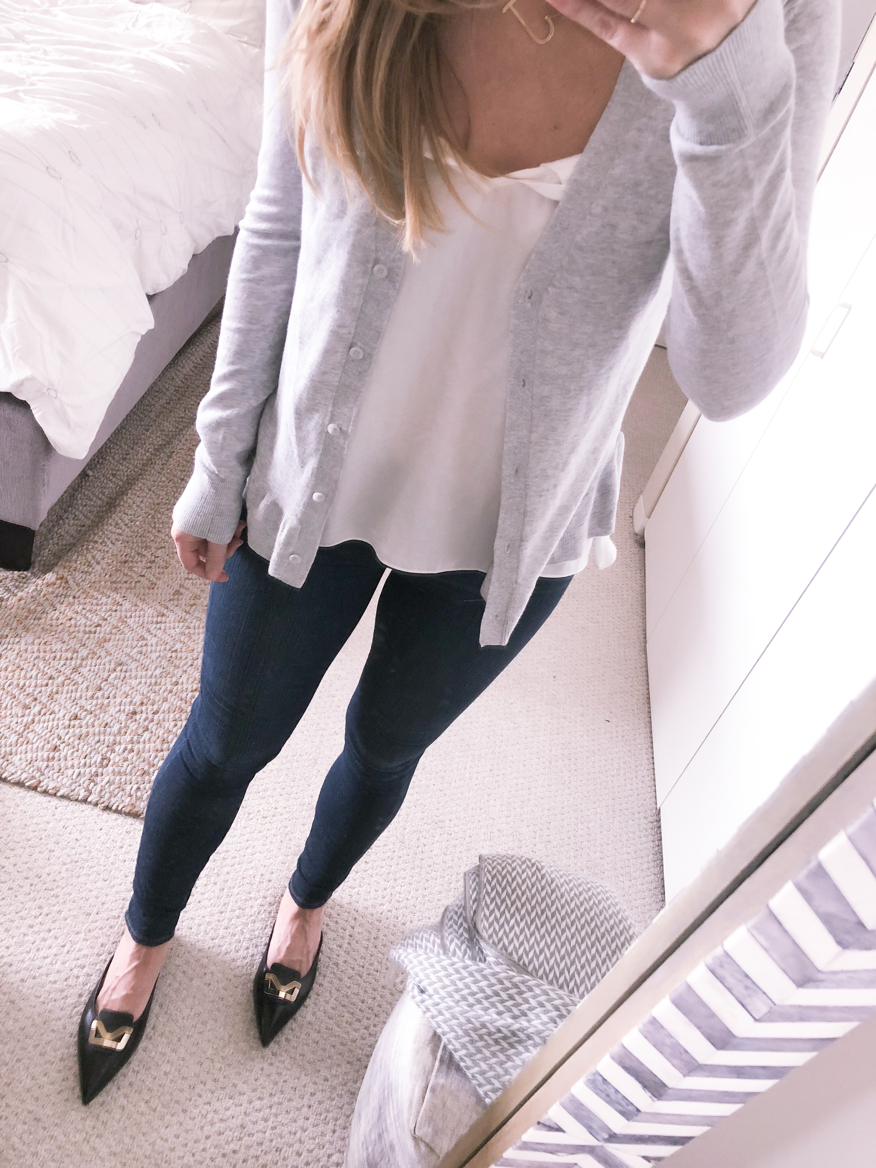 grey cardigan with a white cami