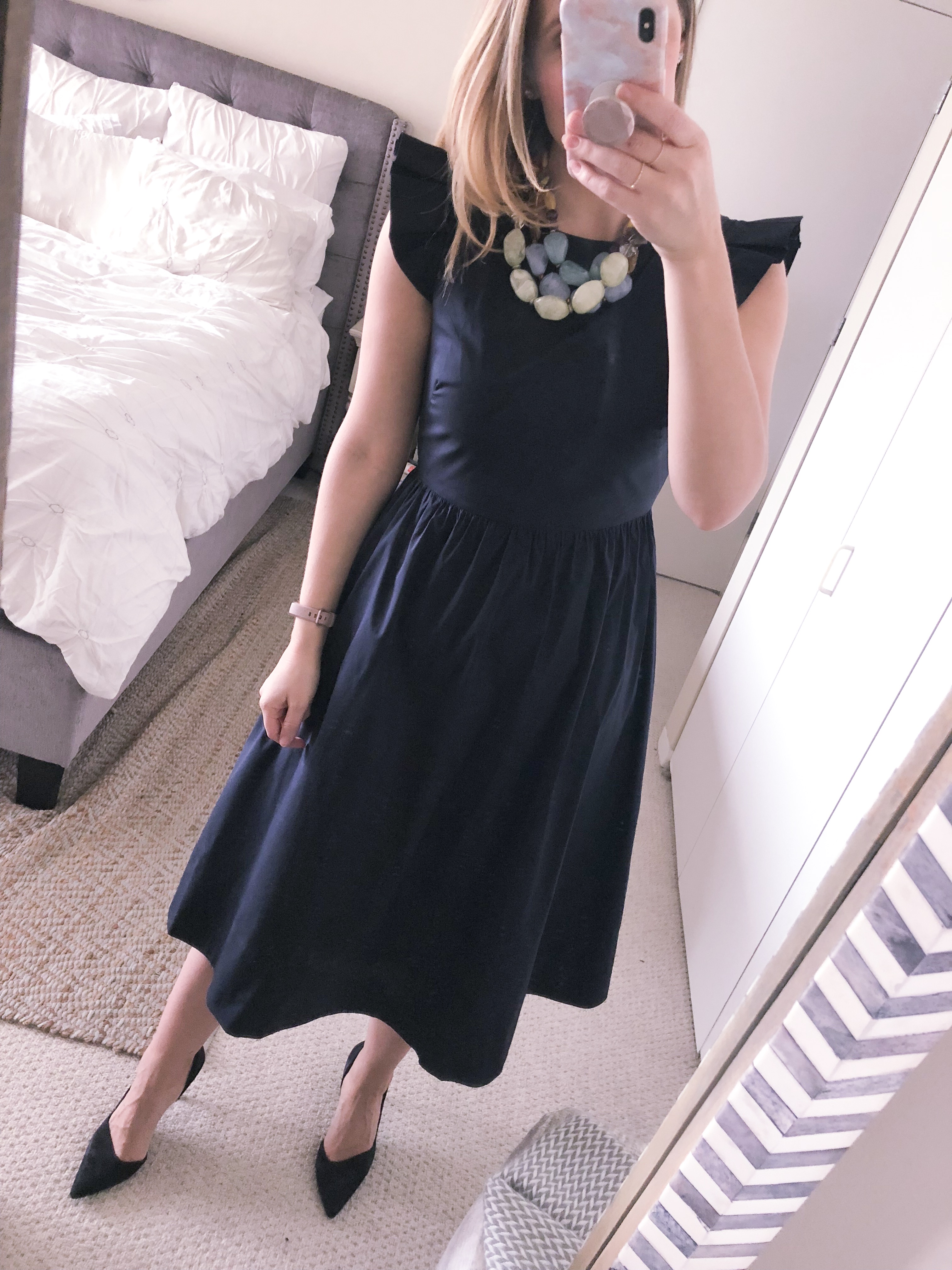 office fashion outfit idea - navy midi dress with a statement necklace