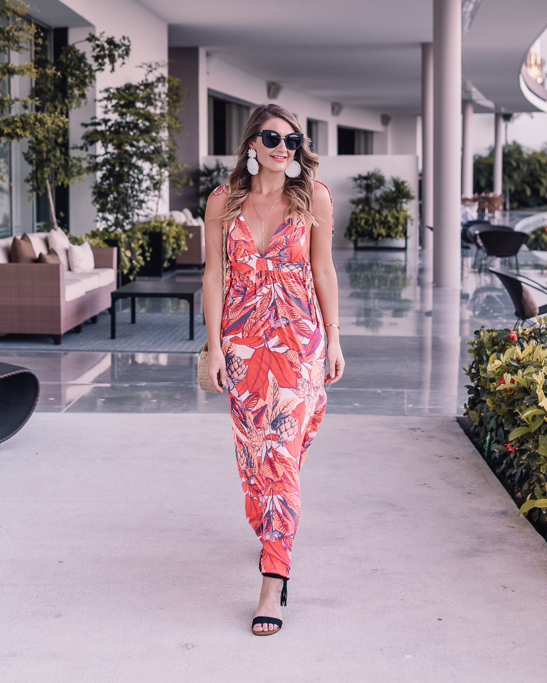 tropical red print dress with koolaburra saige black sandals