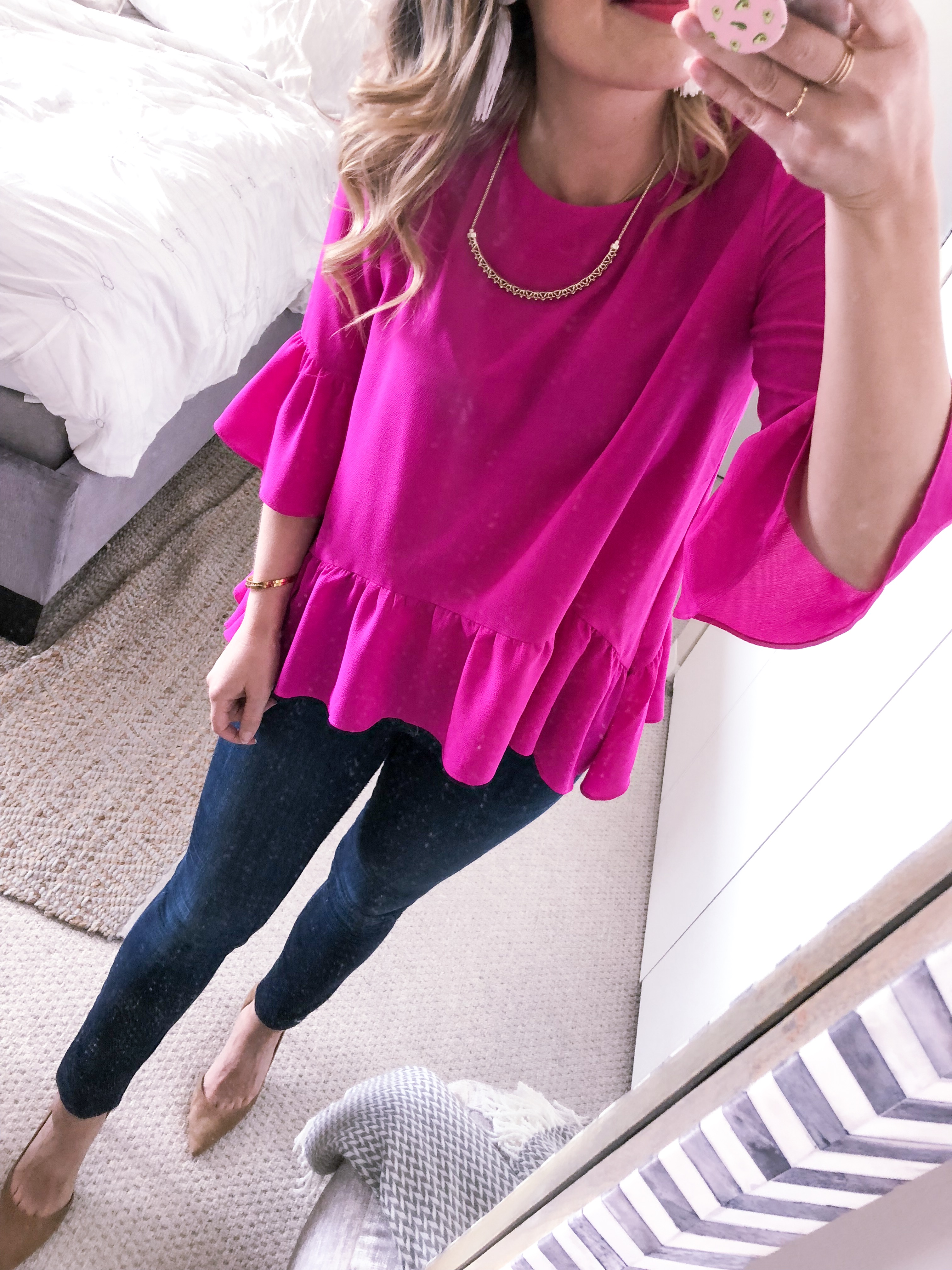 pink ruffle hem blouse for office fashion
