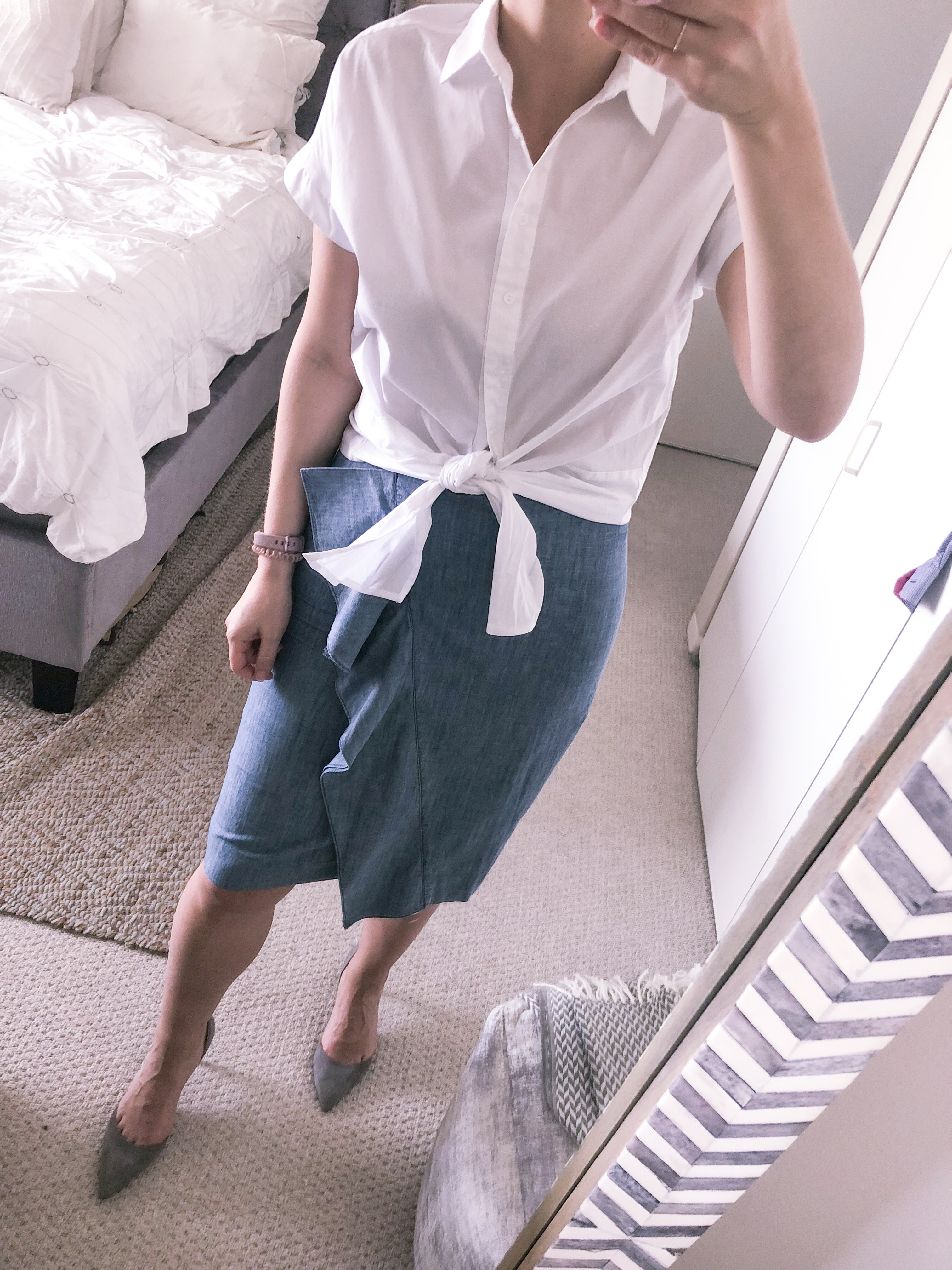j.crew chambray pencil skirt with a ruffle and white button down top