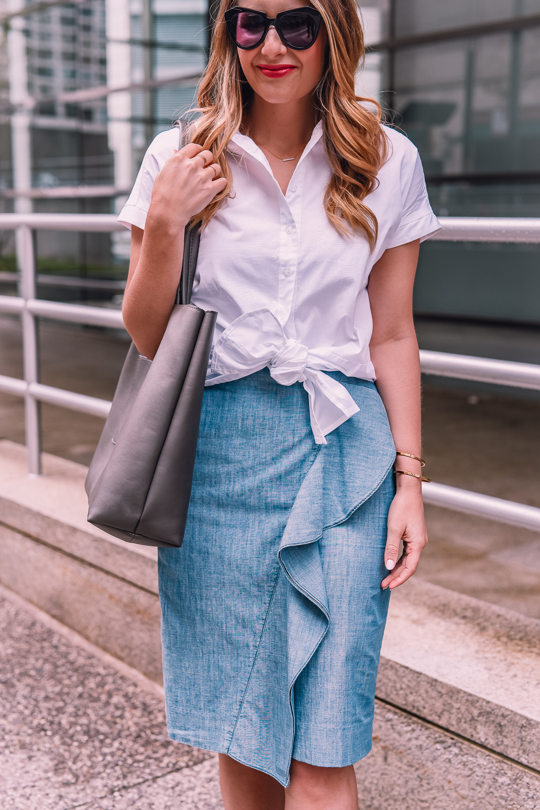 j.crew chambray ruffle pencil skirt in light blue